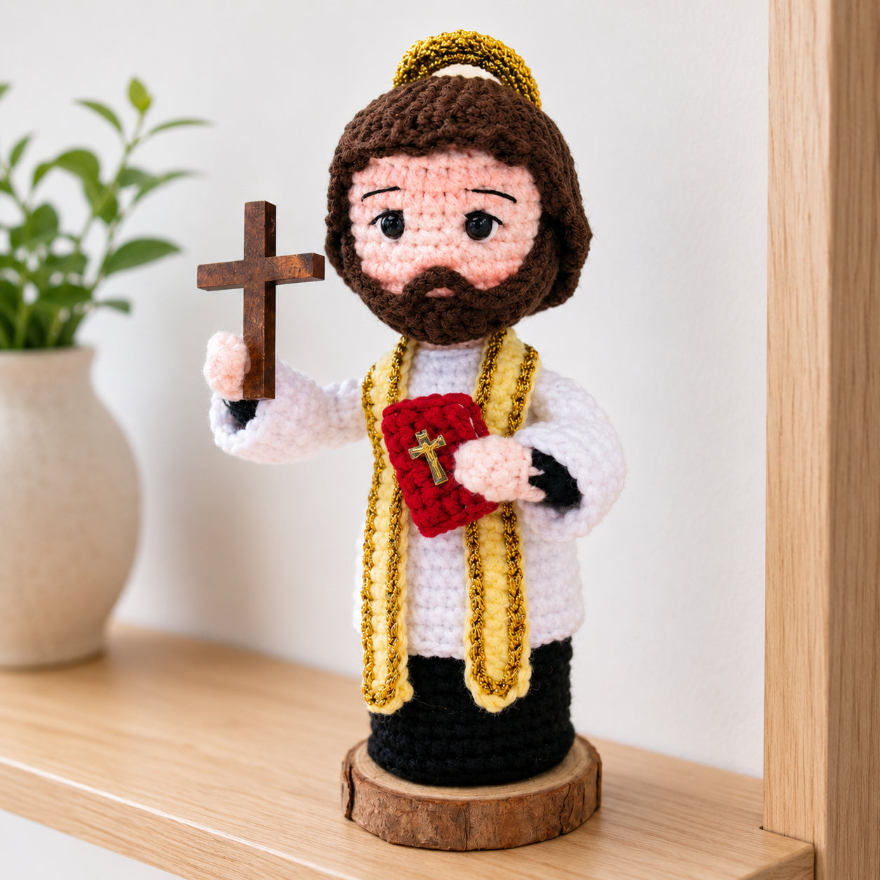 Handmade Crochet Saint Benedict Doll – Catholic Amigurumi Monk Figurine with Cross and Holy Bible, Christian Religious Gift, Home Altar Decor, Prayer Corner Keepsake, First Communion and Confirmation Gift CR16