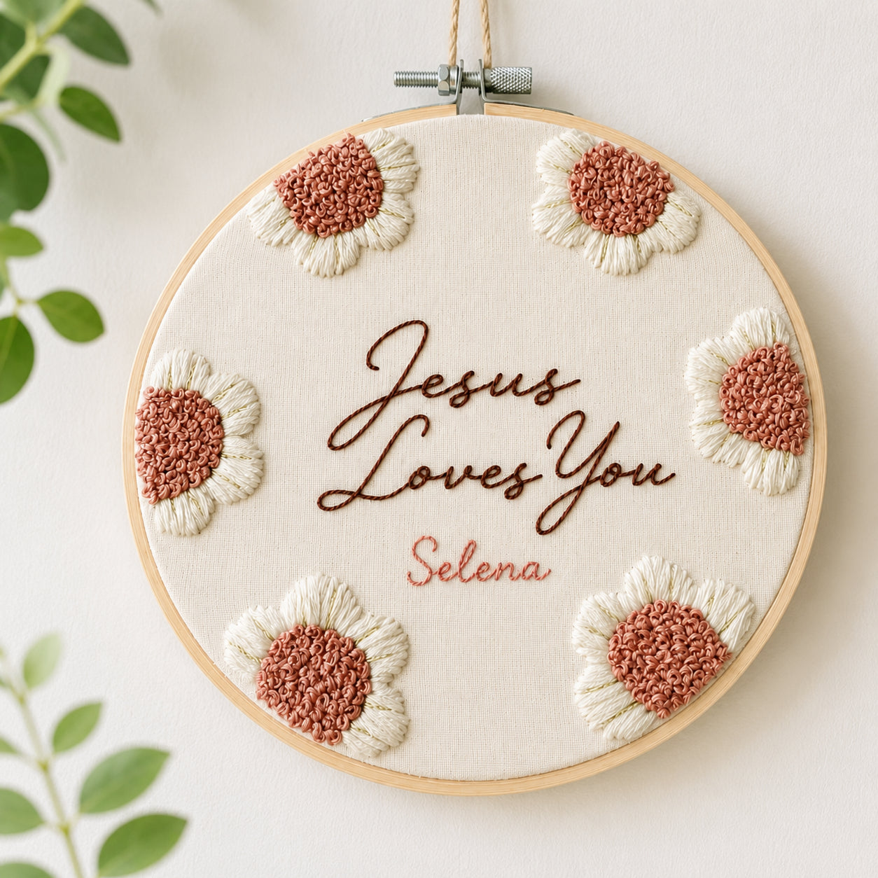 Personalized Jesus Loves You Embroidery Hoop Art, Christian Hook Art, Wall Decor, Hand Embroidered Flower Wreath, Wheatear Embroidery Hoop EH02