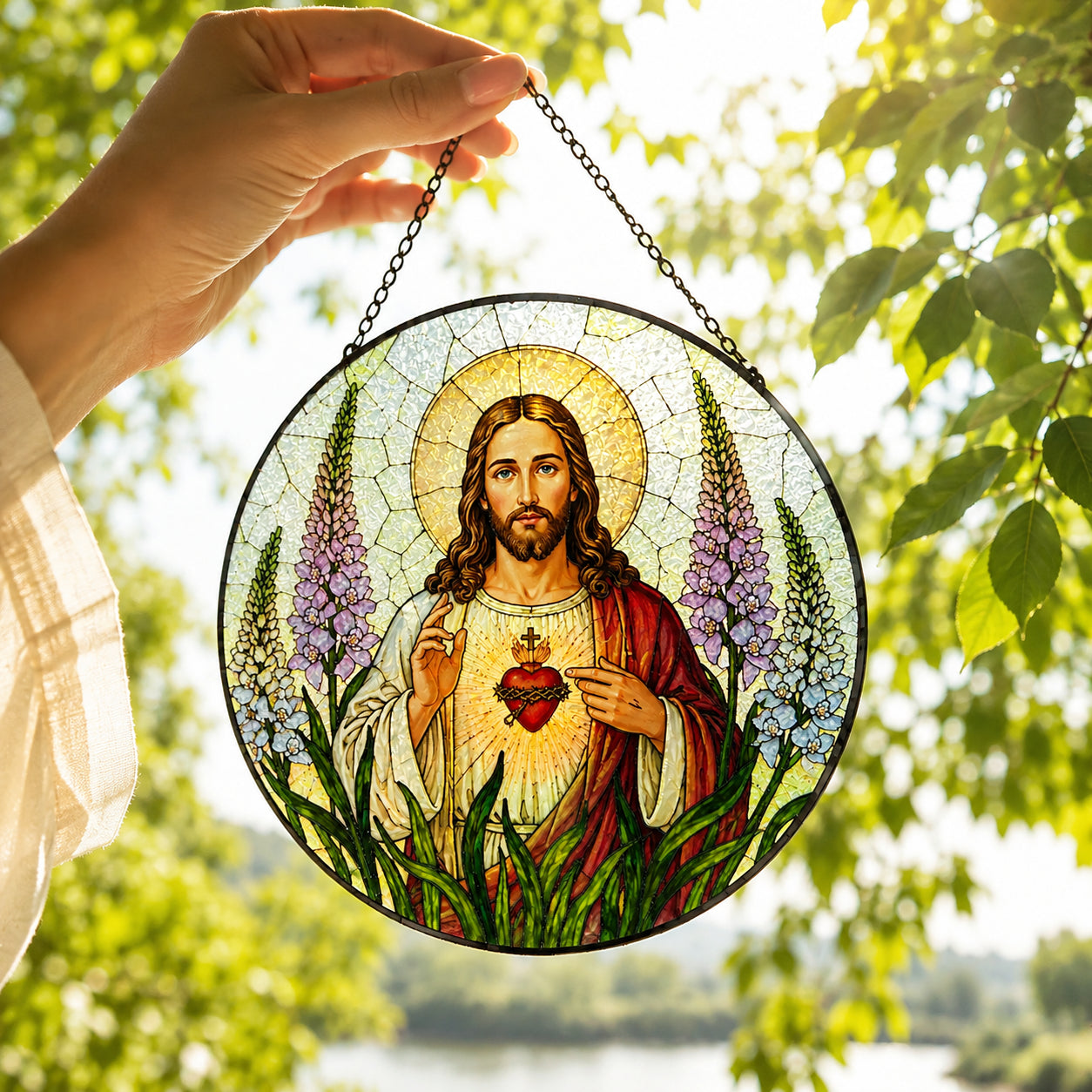 Sacred Heart of Jesus Stained Glass Suncatcher – Christian Jesus Window Hanging, Catholic Religious Faith Home Decor Gift GLASS20