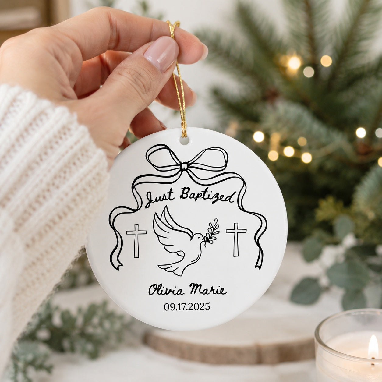 Personalized Just Baptized Ceramic Ornament, Dove and Cross Christian Keepsake, Custom Name and Date Baptism Gift, Baby Ornament CRMO20