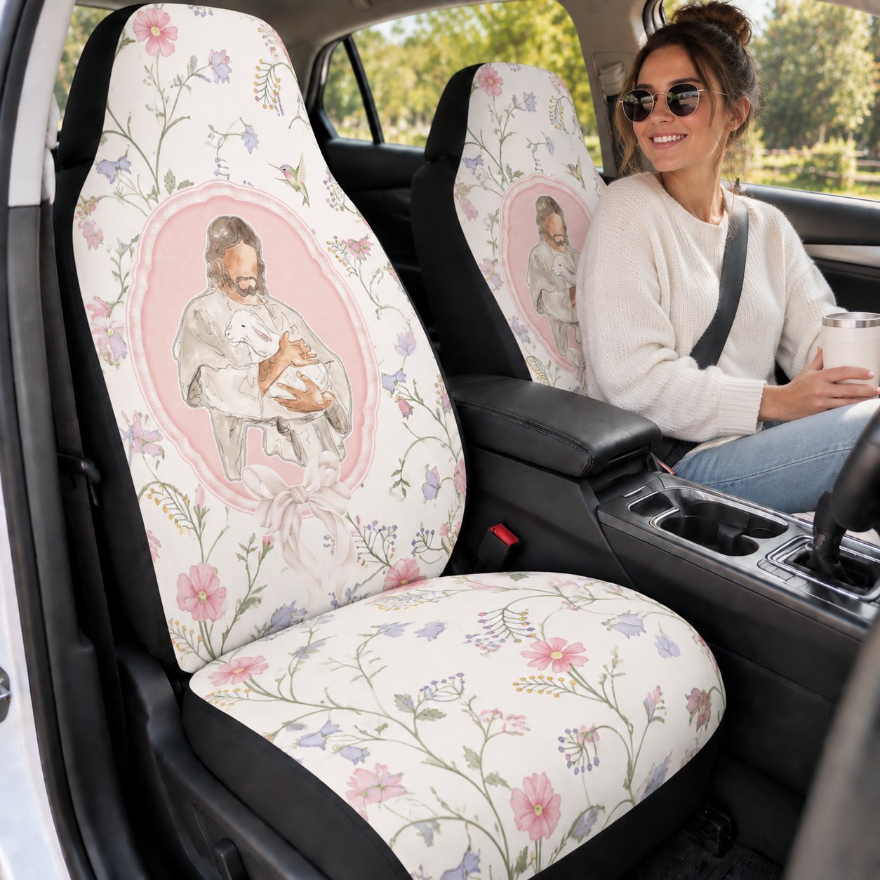 Christian Floral Car Seat Covers, Jesus With Lamb Religious Auto Seat Cover, Faith Inspired Vehicle Decor, Christian Gift For Women CARSC20