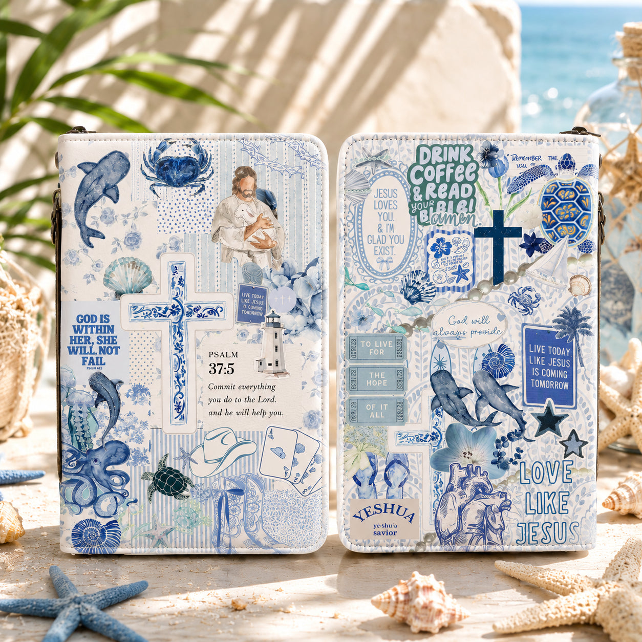Personalized Coastal Ocean Style Leather Book Cover, Ocean Christian Bible Cover, Christian Gift, Bible Covers Jesus Gifts BIBLE20
