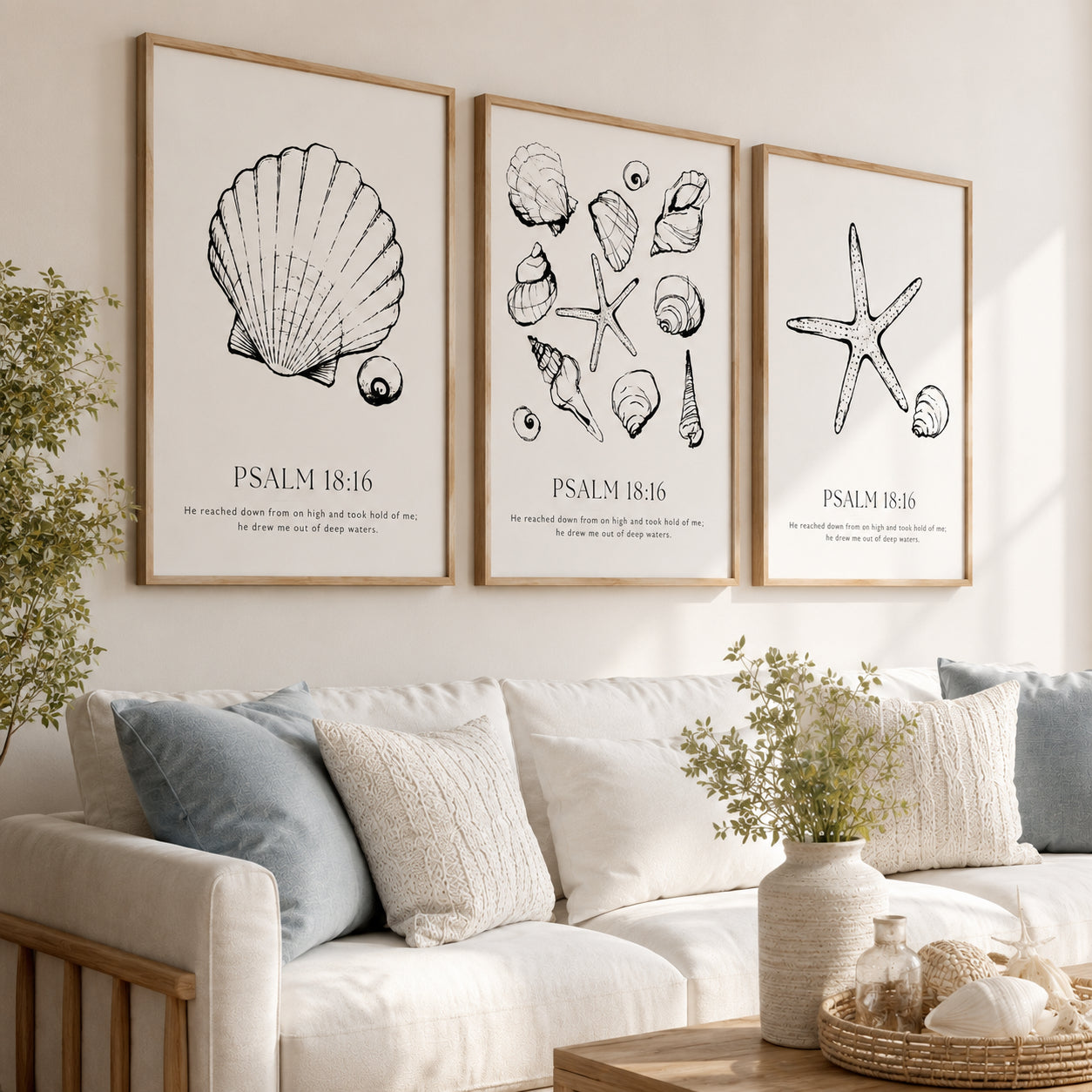 Christian Coastal Wall Art Set of 3, Psalm 18:16 Seashell and Starfish Posters, Neutral Beach Bible Verse Home Decor PTSET14