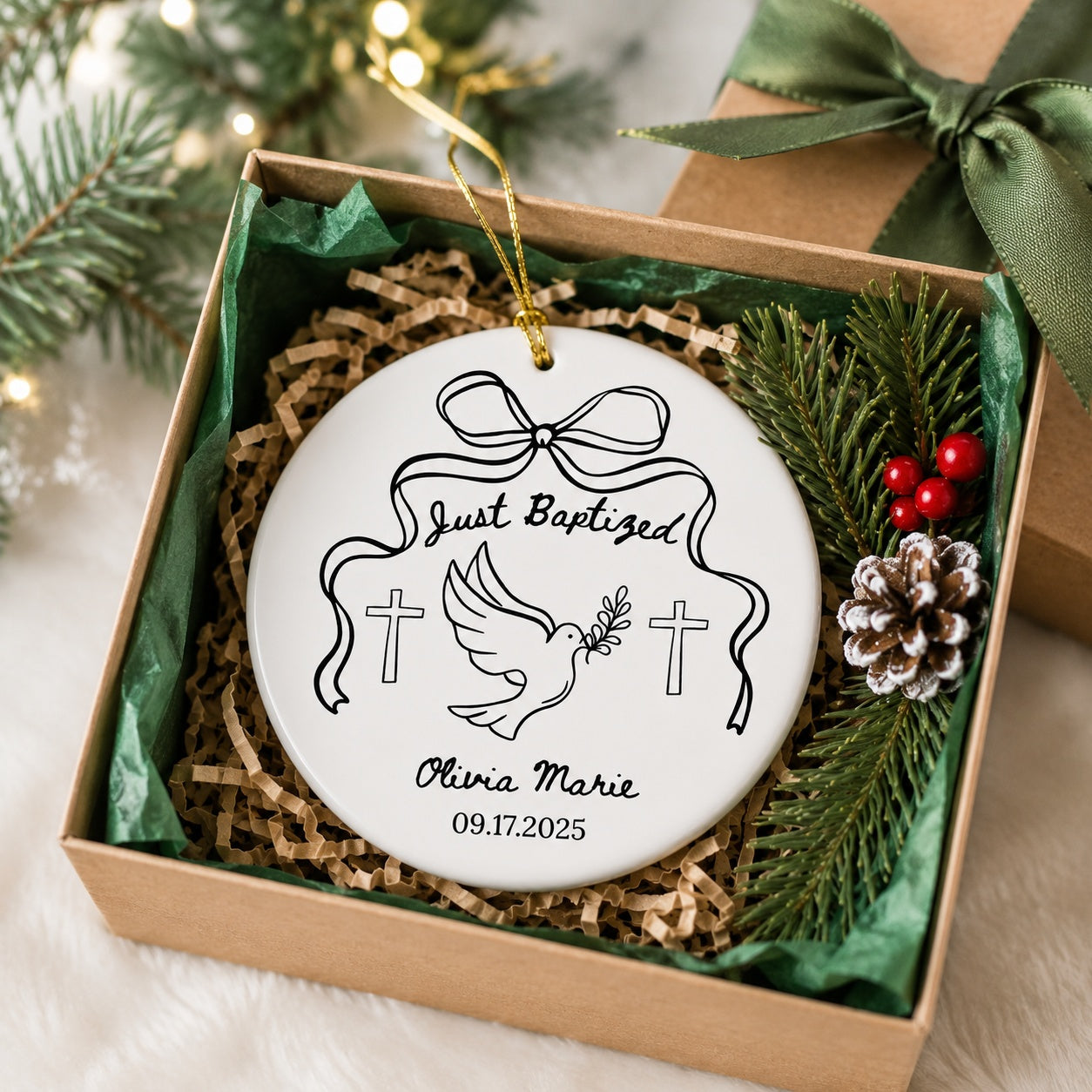 Personalized Just Baptized Ceramic Ornament, Dove and Cross Christian Keepsake, Custom Name and Date Baptism Gift, Baby Ornament CRMO20