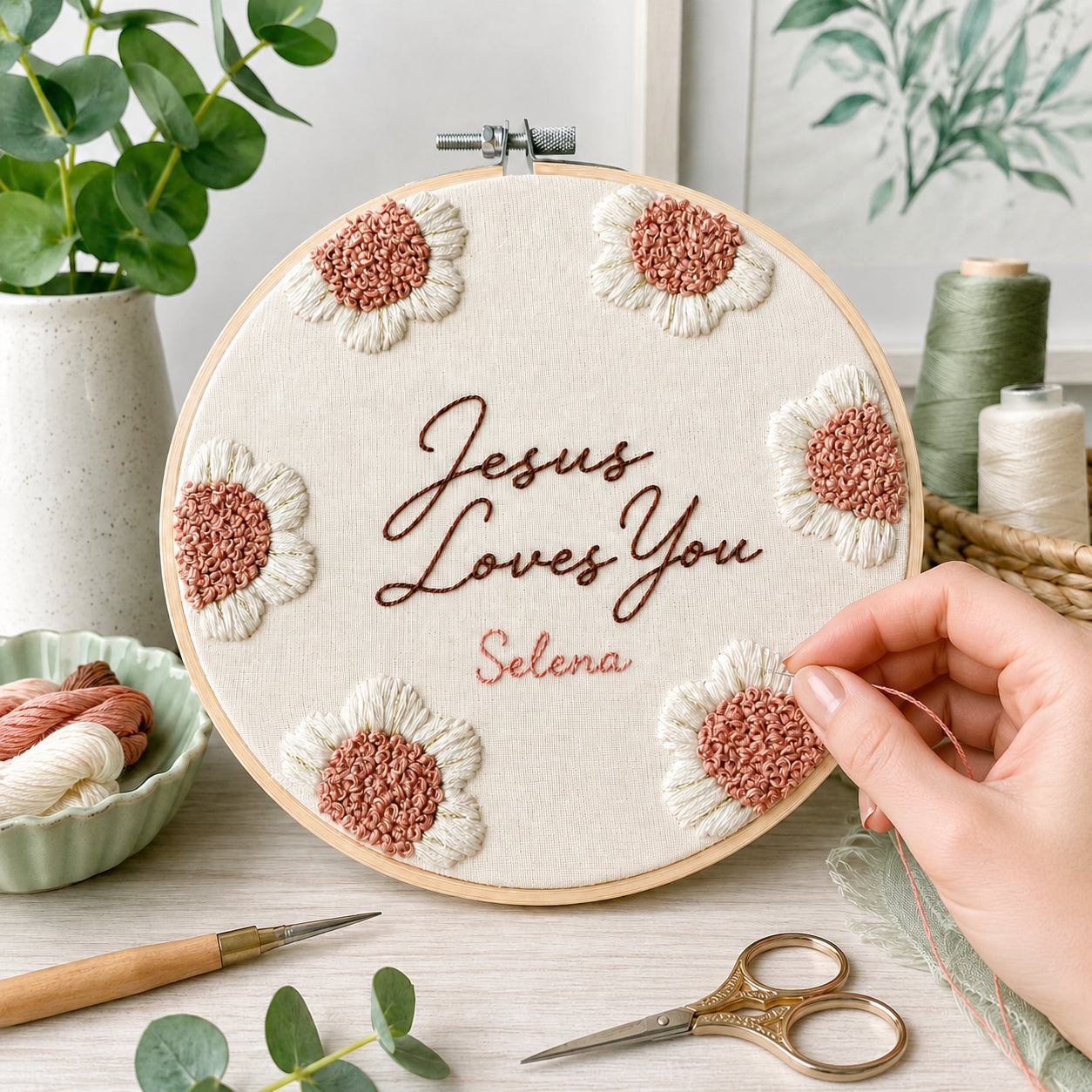 Personalized Jesus Loves You Embroidery Hoop Art, Christian Hook Art, Wall Decor, Hand Embroidered Flower Wreath, Wheatear Embroidery Hoop EH02