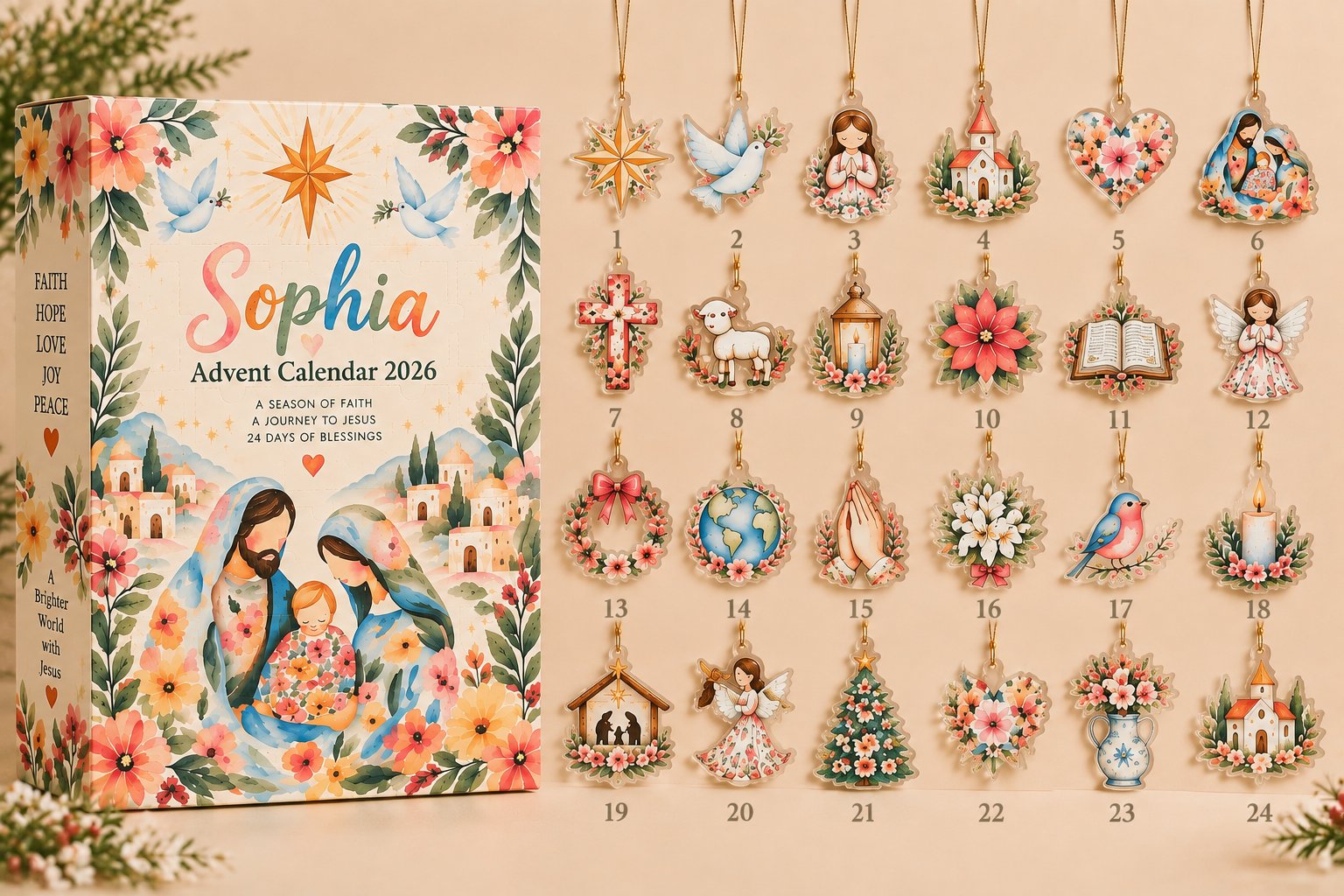 Personalized Christian Advent Calendar 2026, Holy Family Christmas Advent Calendar, Watercolor Nativity Countdown, 24 Days Faith Journey, Religious Christmas Gift for Kids, Christian Holiday Decor ACG20