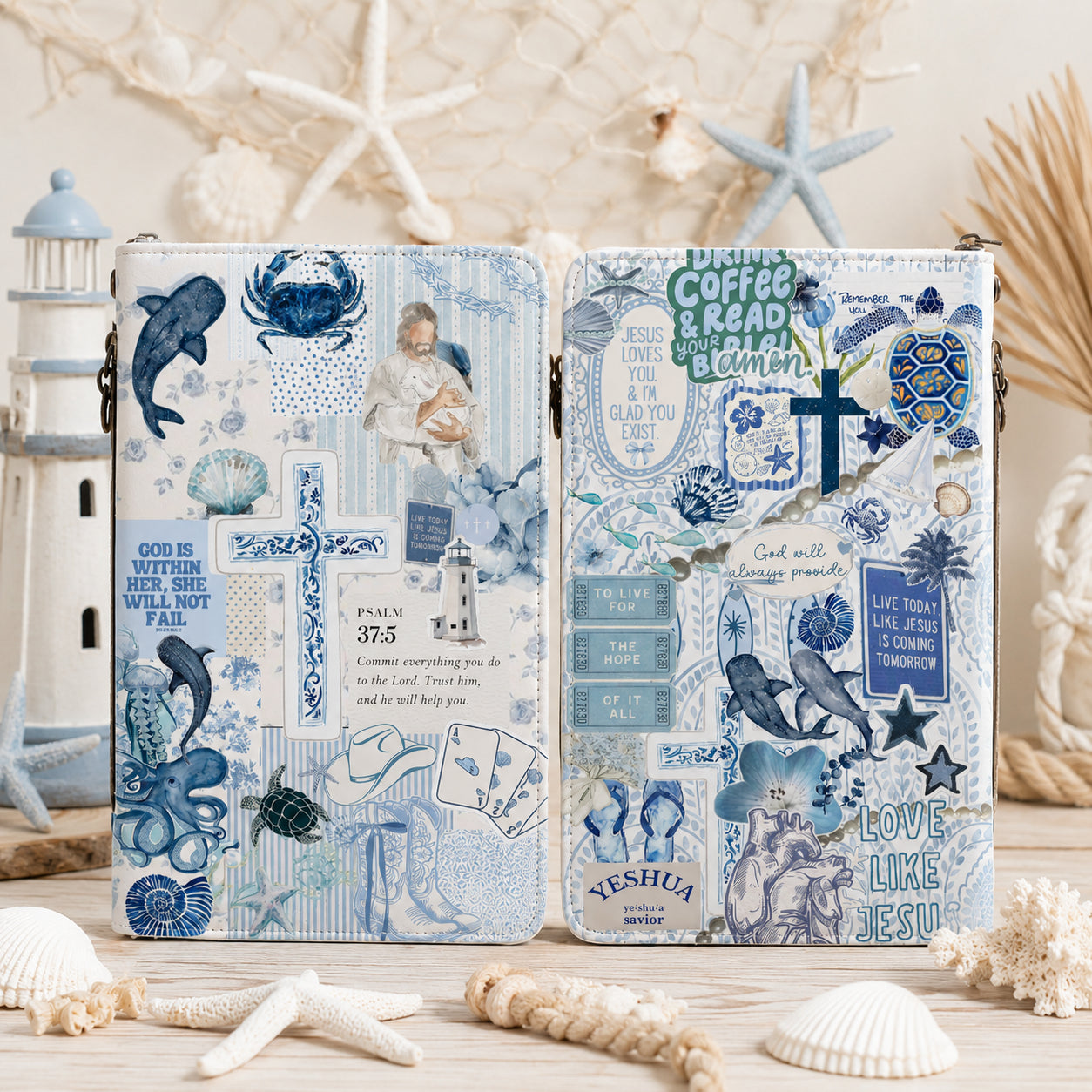 Personalized Coastal Ocean Style Leather Book Cover, Ocean Christian Bible Cover, Christian Gift, Bible Covers Jesus Gifts BIBLE20