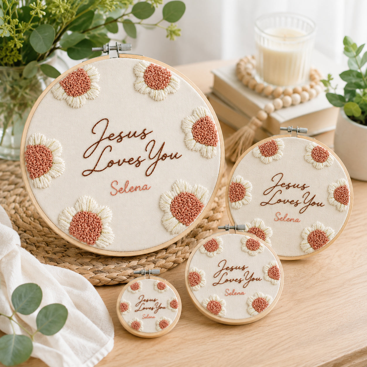 Personalized Jesus Loves You Embroidery Hoop Art, Christian Hook Art, Wall Decor, Hand Embroidered Flower Wreath, Wheatear Embroidery Hoop EH02