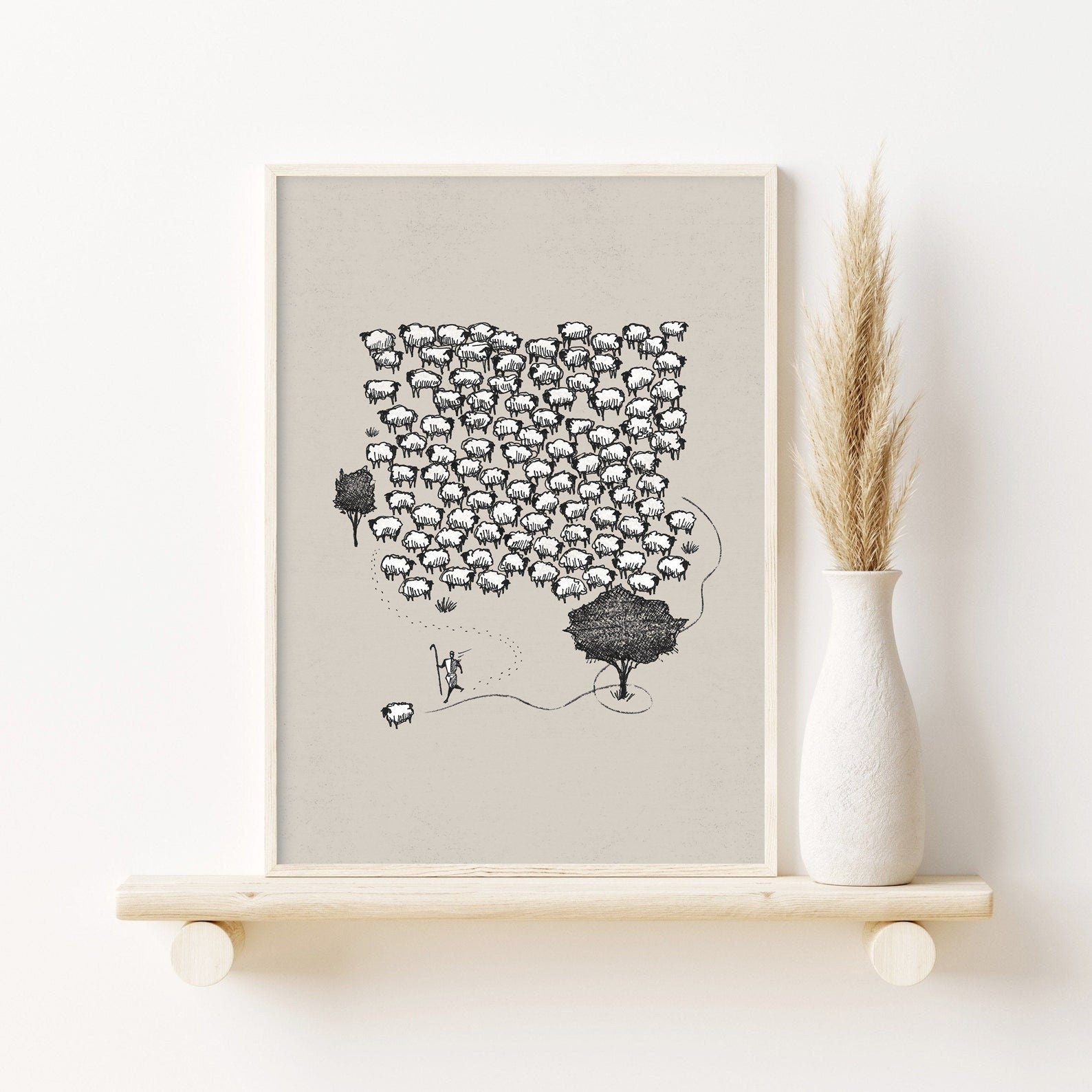 Jesus Leaves the 99 Poster, Jesus Poster, Jesus Good Shepherd Poster, Rejoices over One Lost Sheep, Bible Art Poster