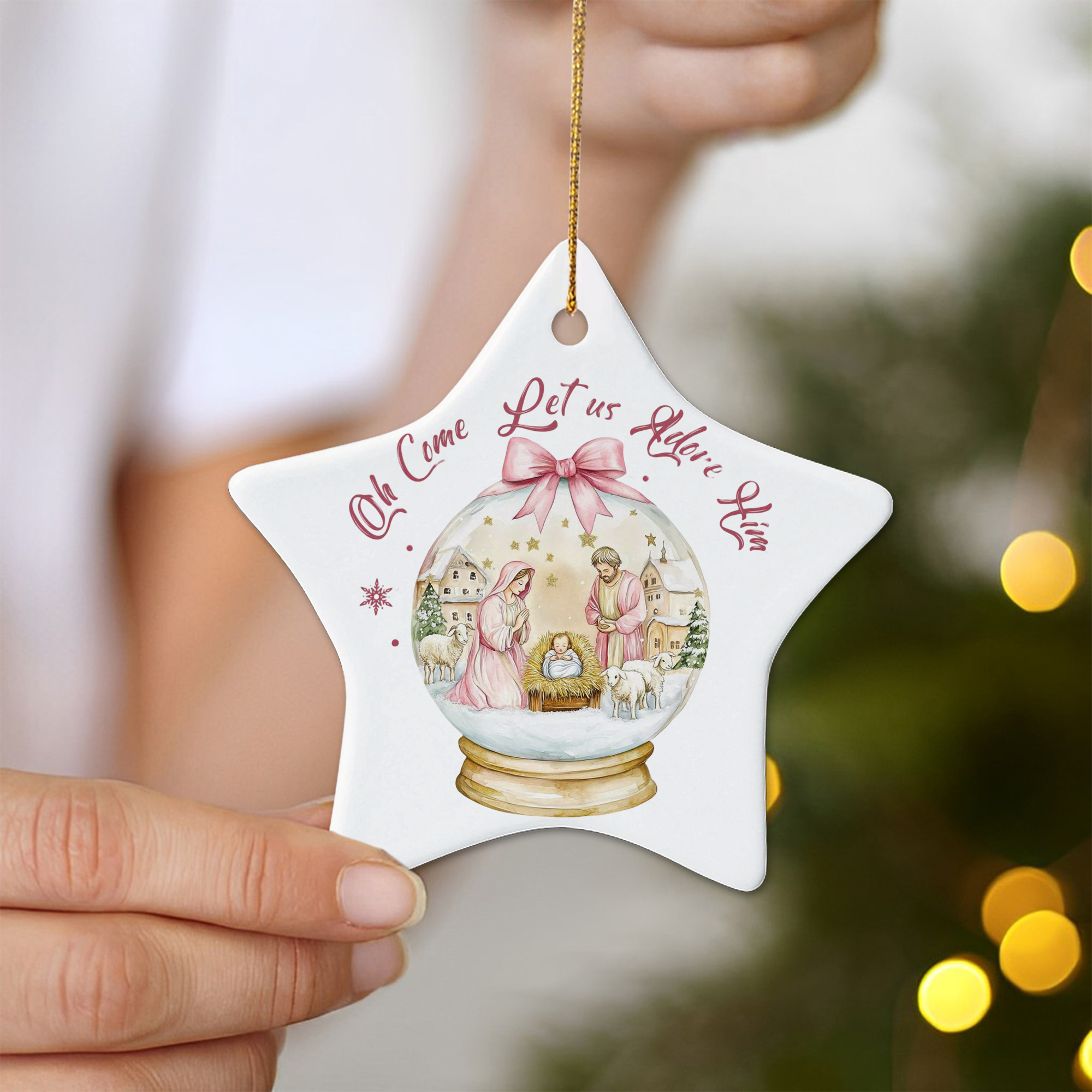 Oh Come Let Us Adore Him Christmas Ornament, Nativity Scene Snow Globe Design, Christian Holiday Decoration, Religious Xmas Tree Decor DCLAF45