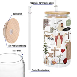 Christian Glass Can with Bamboo Lid and Straw, Jesus Won Yeshua Cup, Focus on Me Not the Storm Bible Verse Iced Coffee Tumbler Gift GCLAF47