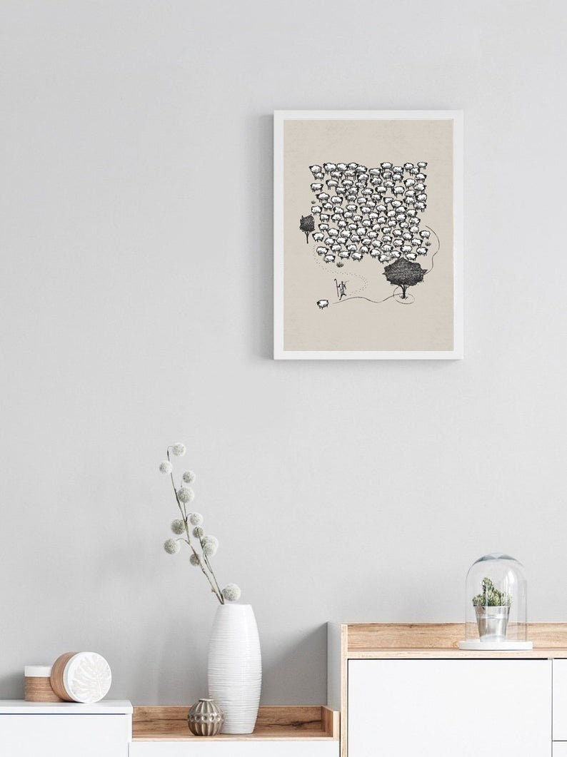 Jesus Leaves the 99 Poster, Jesus Poster, Jesus Good Shepherd Poster, Rejoices over One Lost Sheep, Bible Art Poster