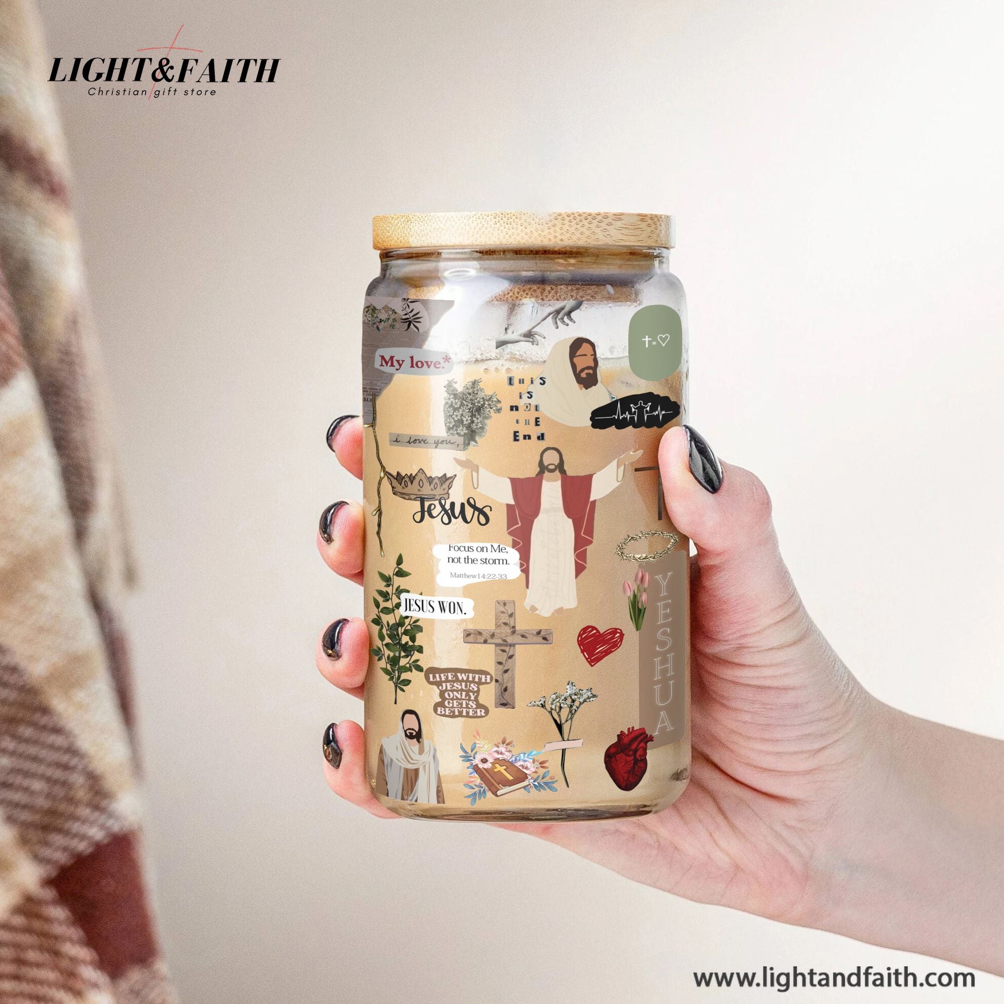 Christian Glass Can with Bamboo Lid and Straw, Jesus Won Yeshua Cup, Focus on Me Not the Storm Bible Verse Iced Coffee Tumbler Gift GCLAF47