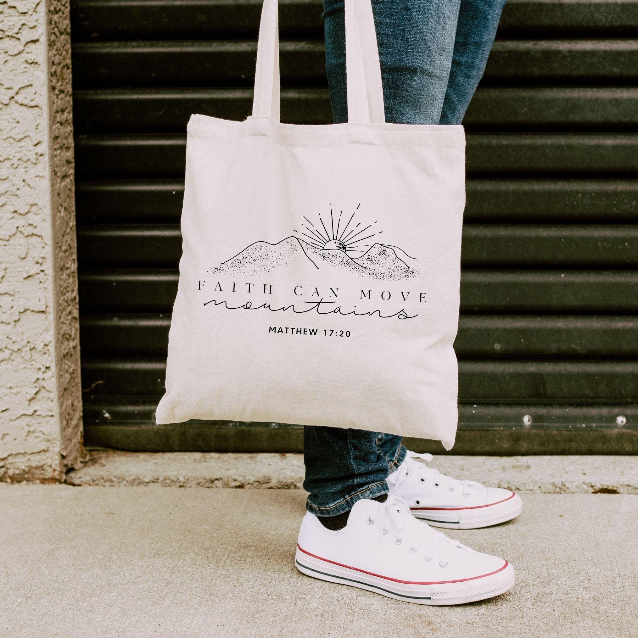 Faith Can Move Mountain Christian Tote Bag – Bible Verse Canvas Bag – Inspirational Christian Gift – Religious Tote for Her – Reusable Faith-Based Tote TBLAF22