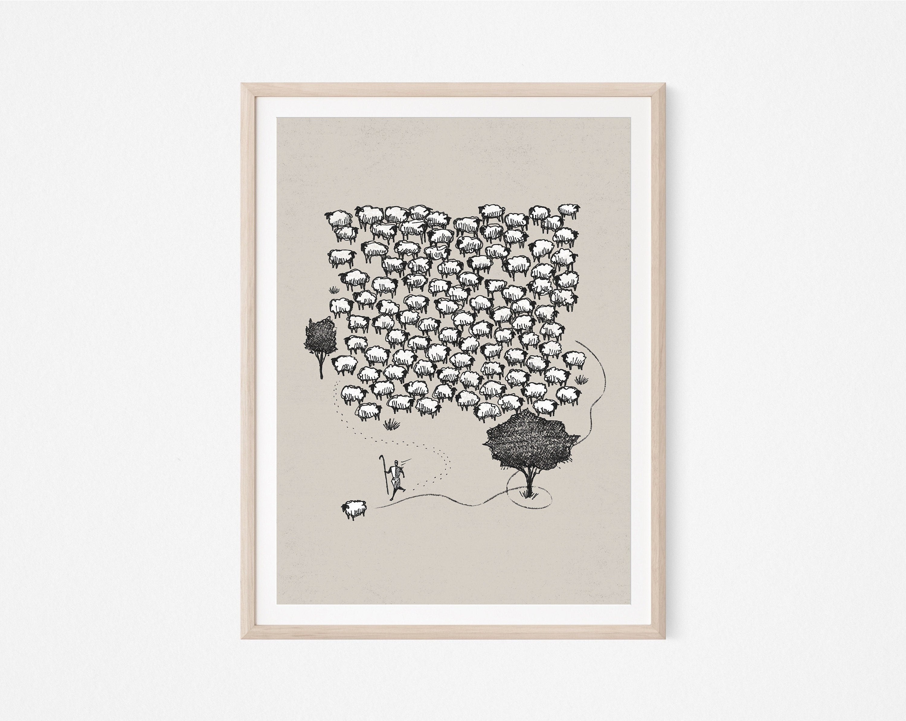 Jesus Leaves the 99 Poster, Jesus Poster, Jesus Good Shepherd Poster, Rejoices over One Lost Sheep, Bible Art Poster