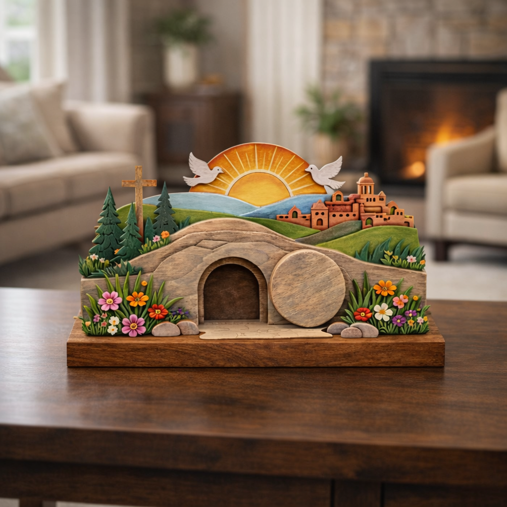 He Is Risen Easter Wooden Sign, Christian Resurrection Table Decor, Empty Tomb Cross Display, Religious Home Gift