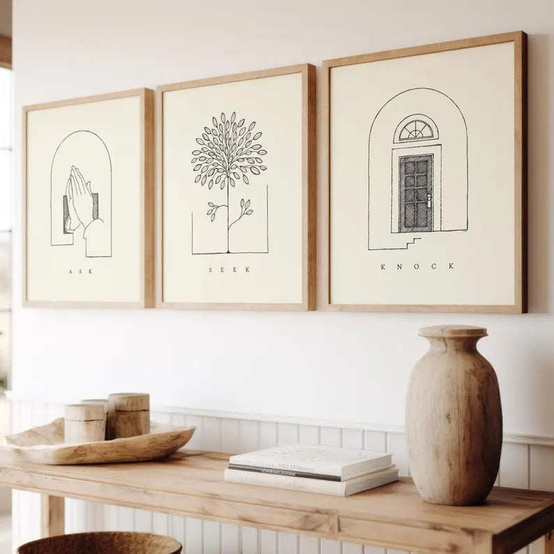 Set of 3 ASK SEEK KNOCK Wall Art Minimalist Christian Prints Inspirational Artwork PTLAF004