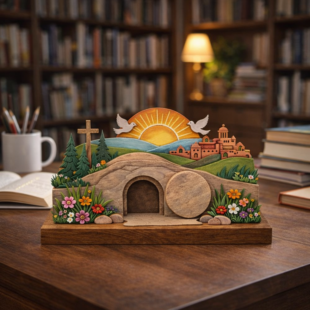 He Is Risen Easter Wooden Sign, Christian Resurrection Table Decor, Empty Tomb Cross Display, Religious Home Gift