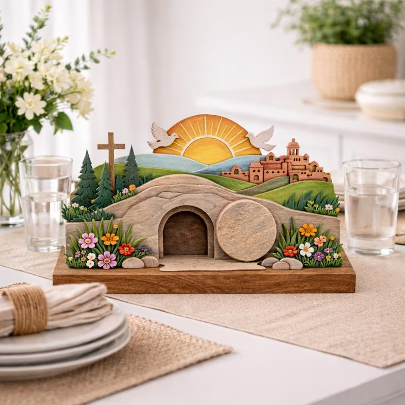 He Is Risen Easter Wooden Sign, Christian Resurrection Table Decor, Empty Tomb Cross Display, Religious Home Gift