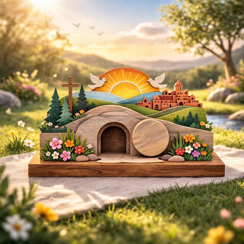 He Is Risen Easter Wooden Sign, Christian Resurrection Table Decor, Empty Tomb Cross Display, Religious Home Gift