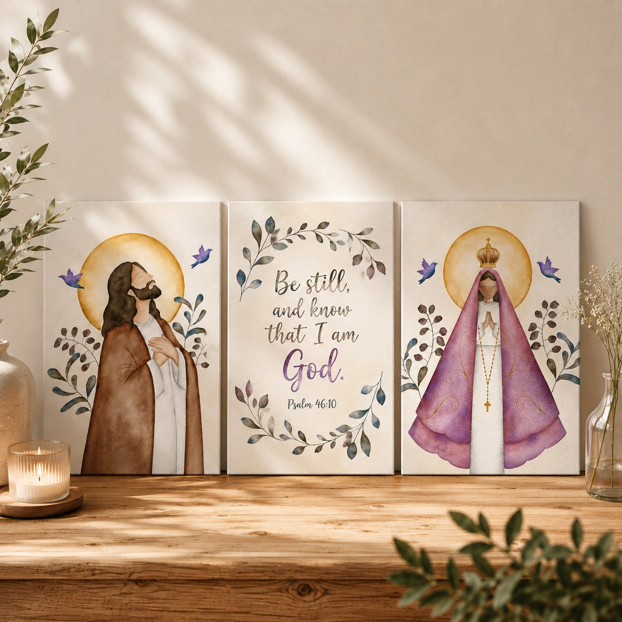 Watercolor Jesus and Our Lady Poster, Psalm 46:10 Bible Verse Print, Jesus and Virgin Mary Christian Poster, Christian Religious Artwork, Hanging Decor PTSETA19