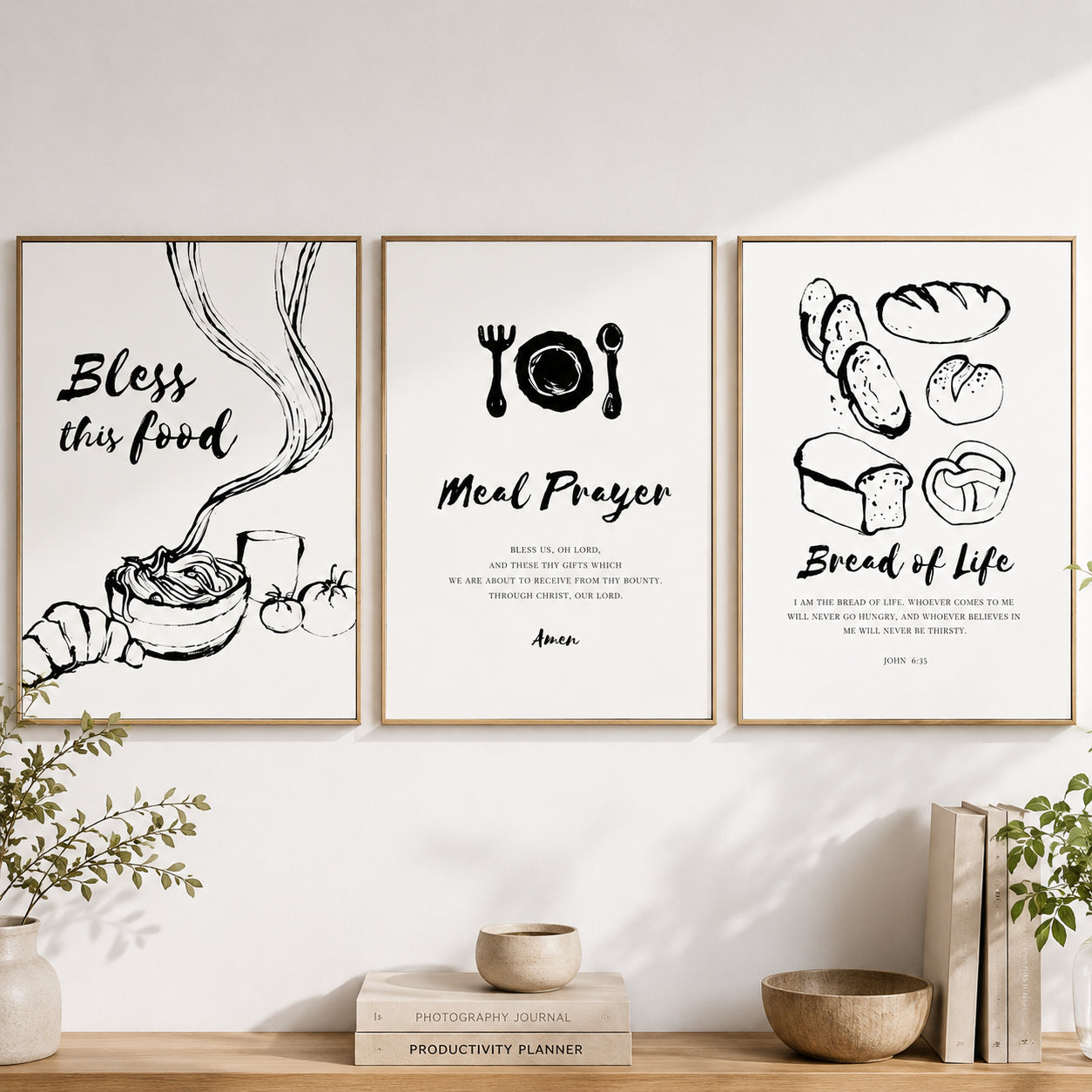 Christian Kitchen Wall Art Set of 3, Bless This Food and Meal Prayer Posters, Bread of Life John 6:35 Dining Room Decor PTSET15