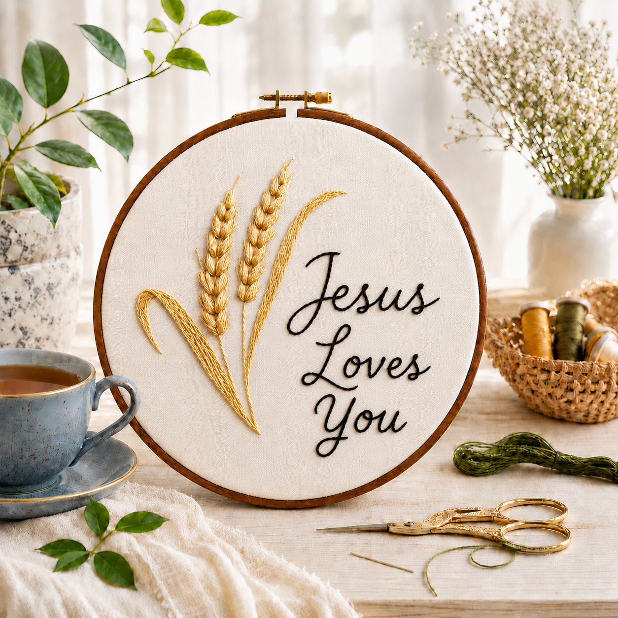 Personalized Christian Embroidery Hoop Art, Jesus Loves You Hook, Wheatear Wall Decor, Hand Embroidered Flower Wreath, Wheatear Embroidery Hoop EH01