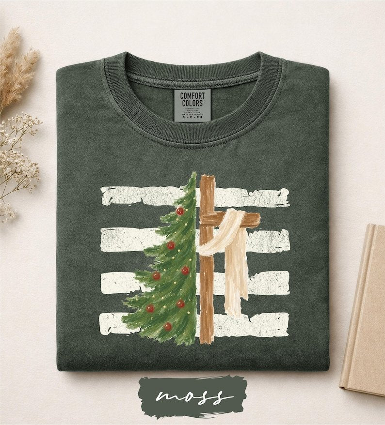 Christmas Tree Cross Shirt, Jesus Is the Reason for the Season Tee, Christmas Christian Sweater, Religious Holiday Gift, Trendy Striped Xmas CFNE21