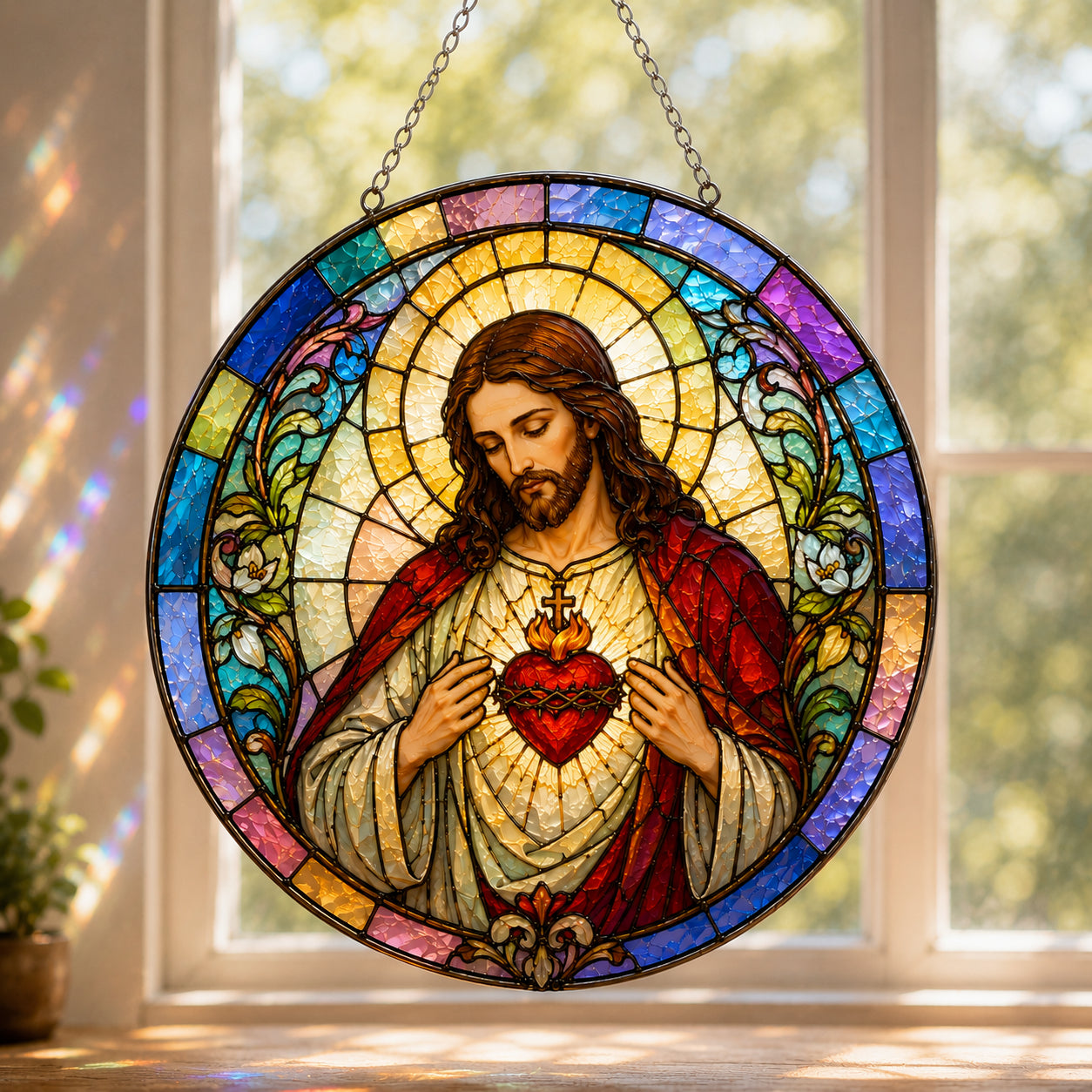 Sacred Heart of Jesus Stained Glass Suncatcher – Christian Window Hanging, Catholic Religious Faith Home Decor Gift GLASS21