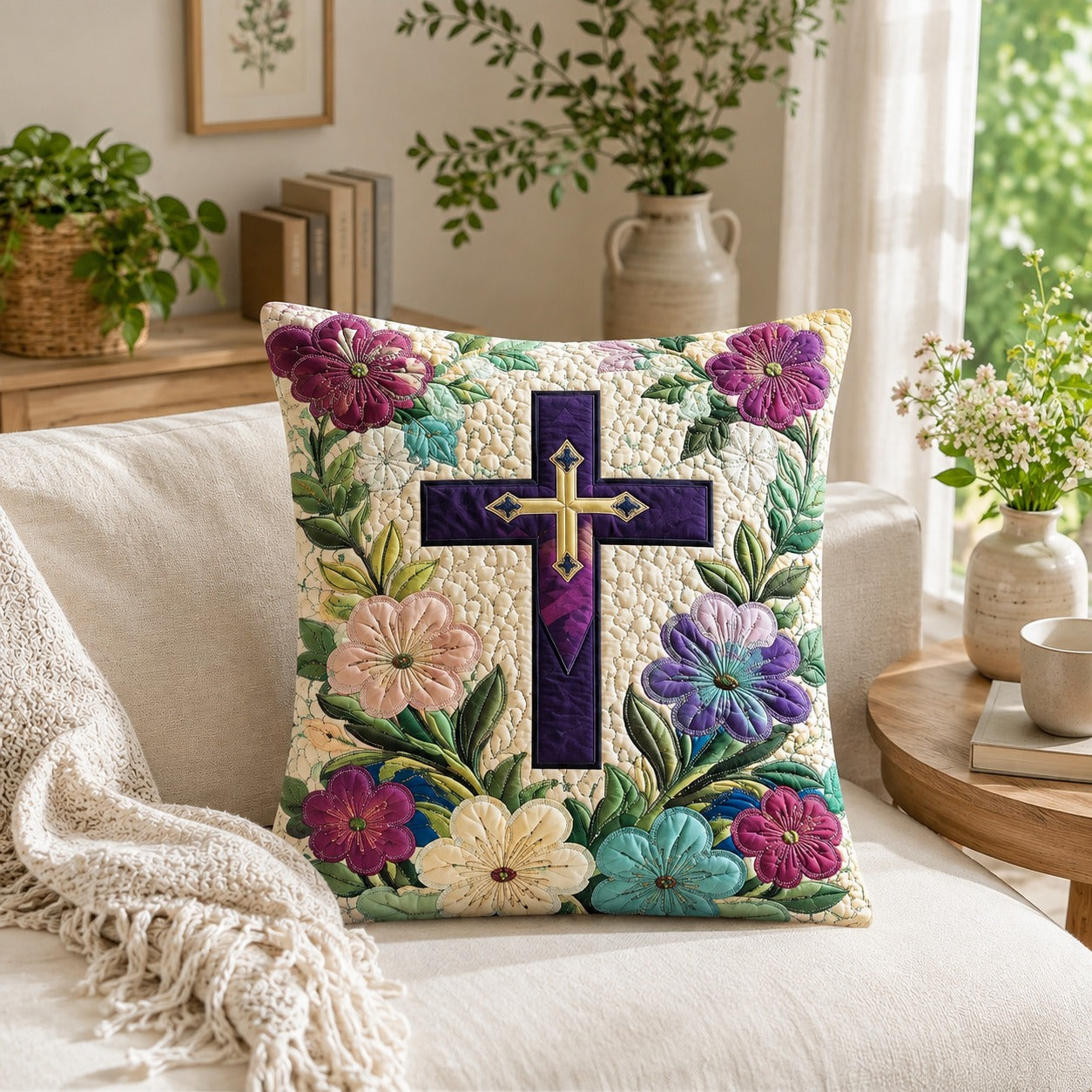 Floral Cross Quilted Pillow Case, Christian Faith Pillow Cover, Purple Flower Religious Home Decor, Cross Gift for Women QPILLOW20