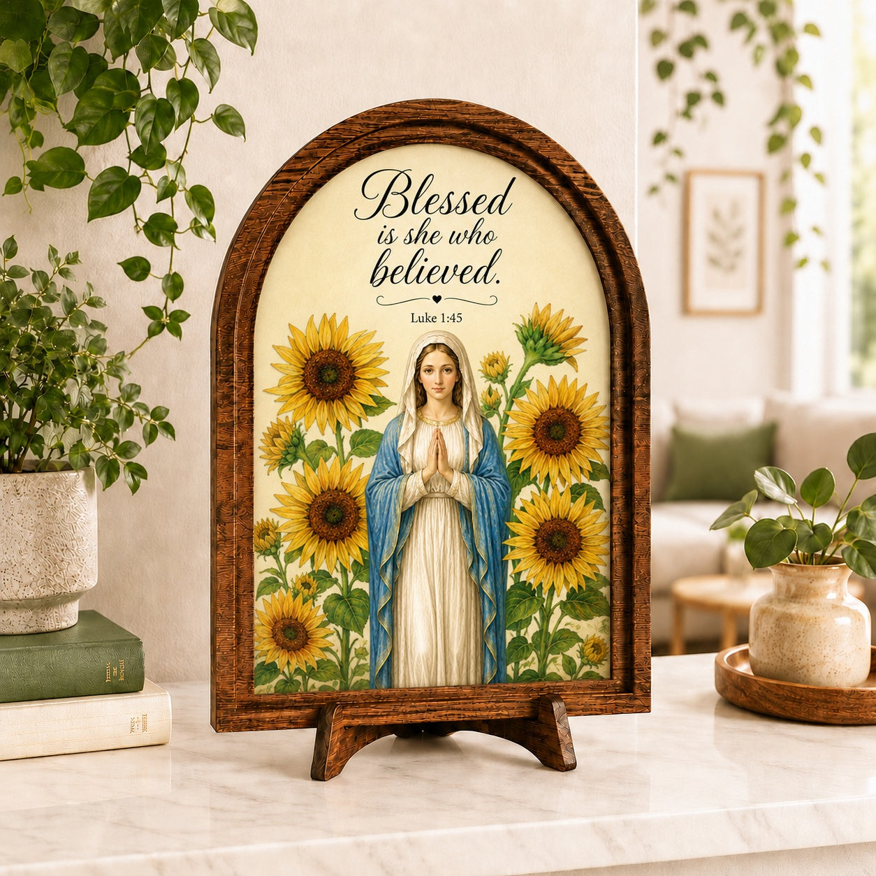 Virgin Mary Arched Wood Tabletop Sign, Our Lady Sunflower Wooden Sign, Inspirational Scripture Decor, Religious Gift WS21