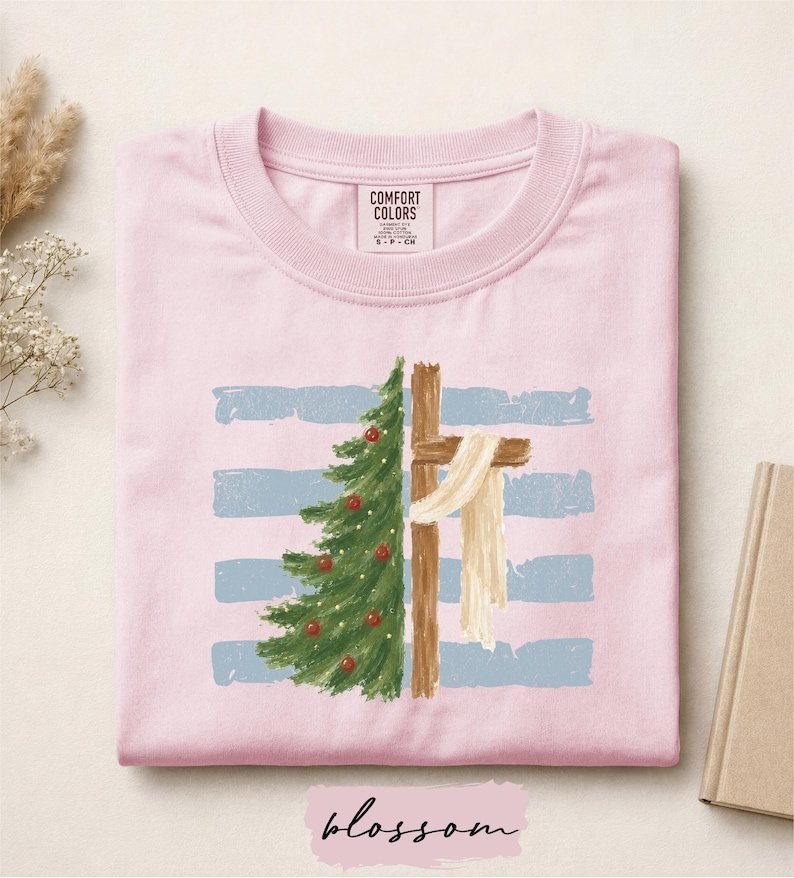 Christmas Tree Cross Shirt, Jesus Is the Reason for the Season Tee, Christmas Christian Sweater, Religious Holiday Gift, Trendy Striped Xmas CFNE21