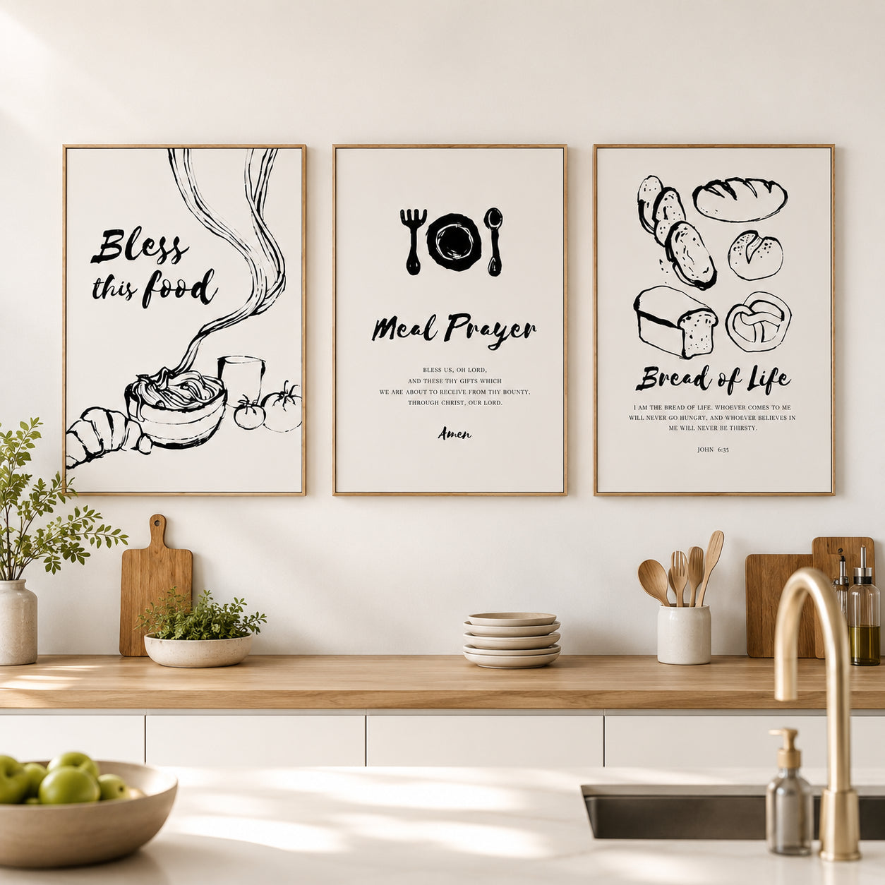 Christian Kitchen Wall Art Set of 3, Bless This Food and Meal Prayer Posters, Bread of Life John 6:35 Dining Room Decor PTSET15