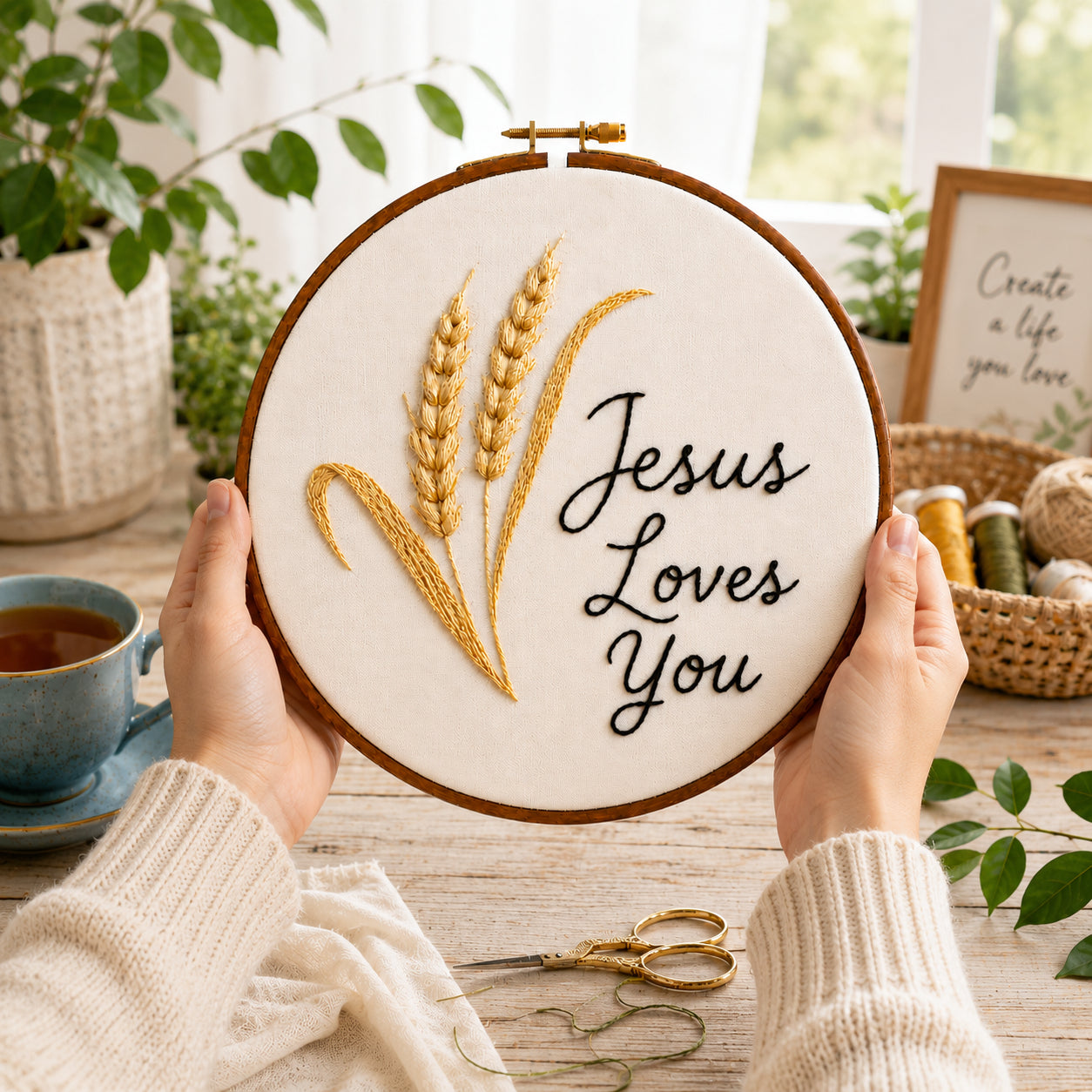 Personalized Christian Embroidery Hoop Art, Jesus Loves You Hook, Wheatear Wall Decor, Hand Embroidered Flower Wreath, Wheatear Embroidery Hoop EH01