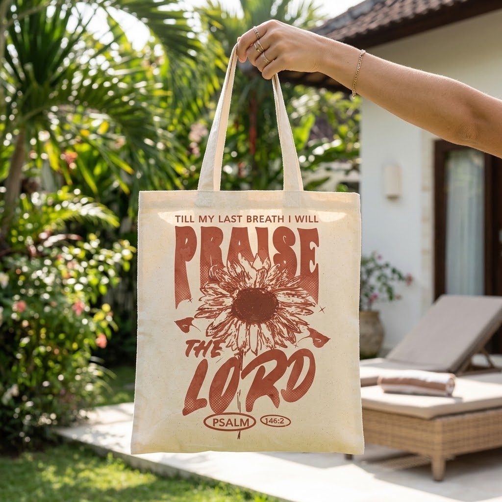 Praise The Lord Canvas Tote Bag, Christian Tote Bag for Women, Psalm 146:2 Bible Verse Bag, Sunflower Faith Church GiftTBLAF84