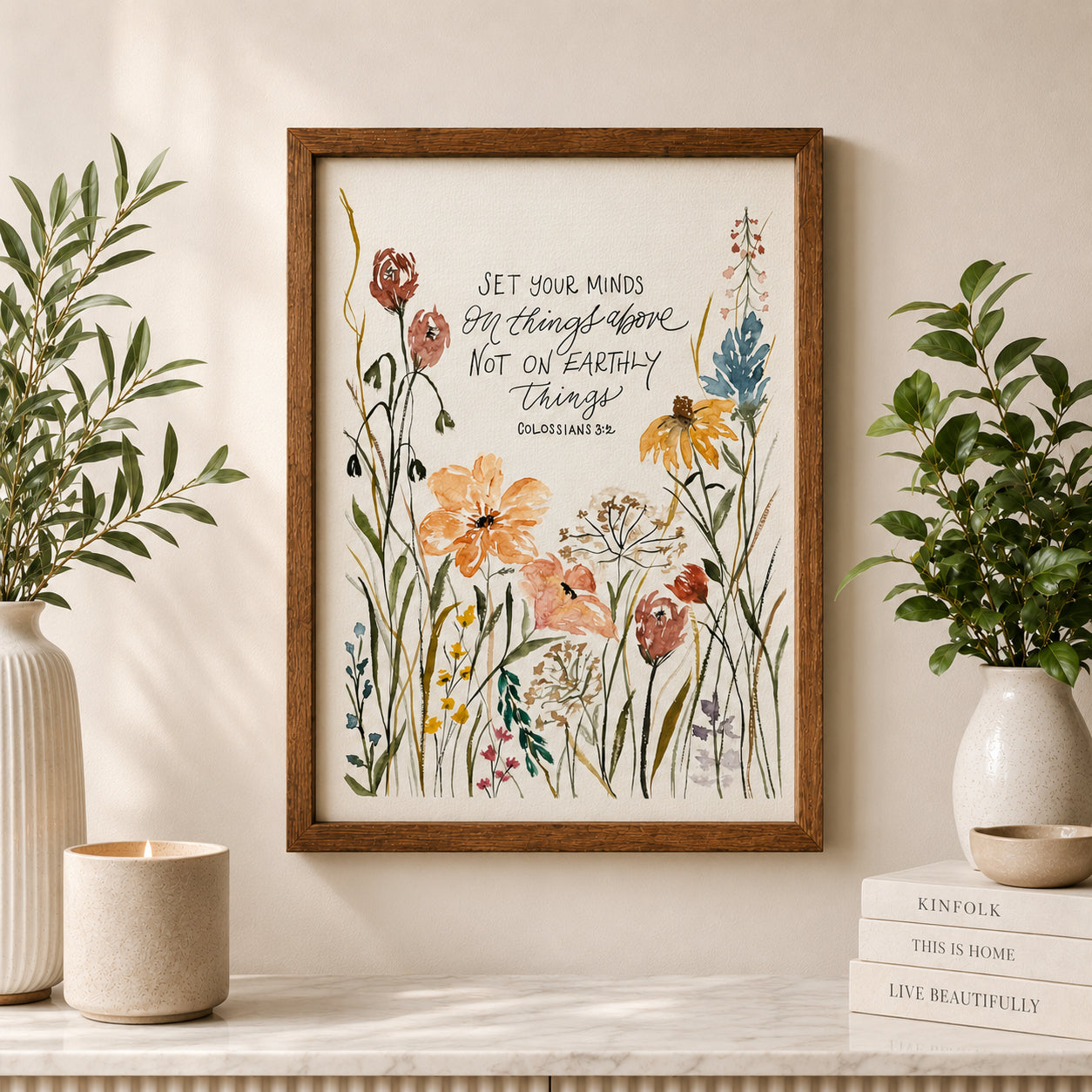 Colossians 3:2 Poster, Christian Wall Art Print, Set Your Minds on Things Above, Floral Bible Verse Decor, Faith Gift PTS21