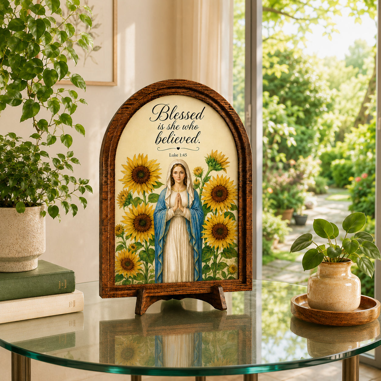 Virgin Mary Arched Wood Tabletop Sign, Our Lady Sunflower Wooden Sign, Inspirational Scripture Decor, Religious Gift WS21