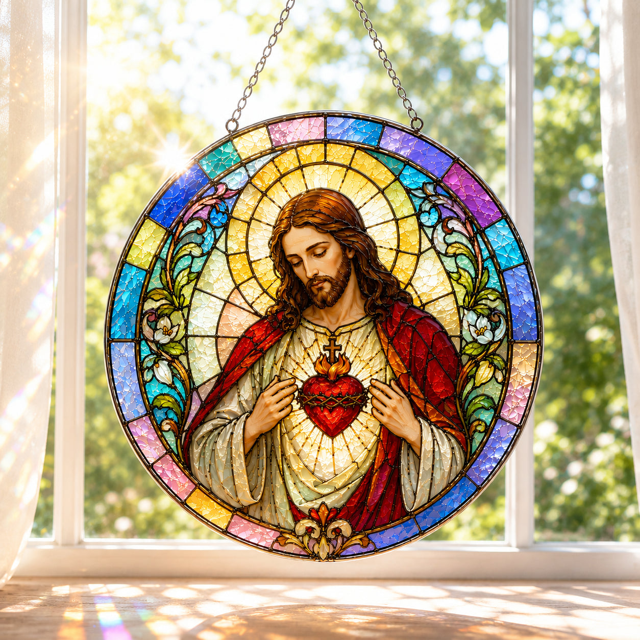 Sacred Heart of Jesus Stained Glass Suncatcher – Christian Window Hanging, Catholic Religious Faith Home Decor Gift GLASS21