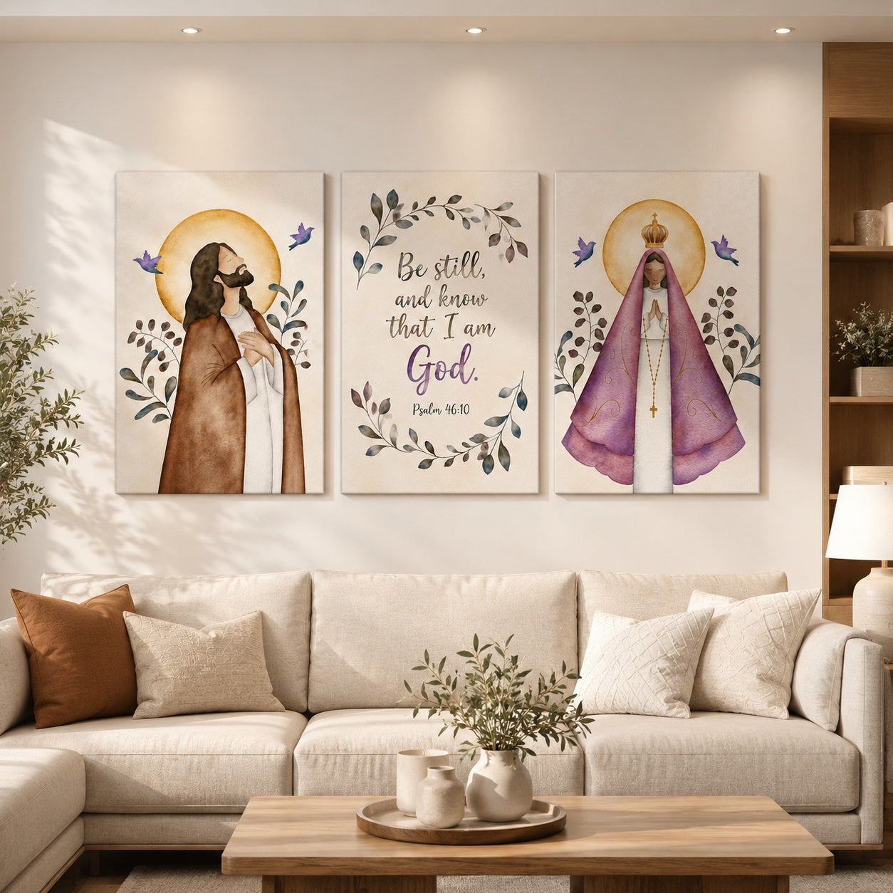Watercolor Jesus and Our Lady Poster, Psalm 46:10 Bible Verse Print, Jesus and Virgin Mary Christian Poster, Christian Religious Artwork, Hanging Decor PTSETA19