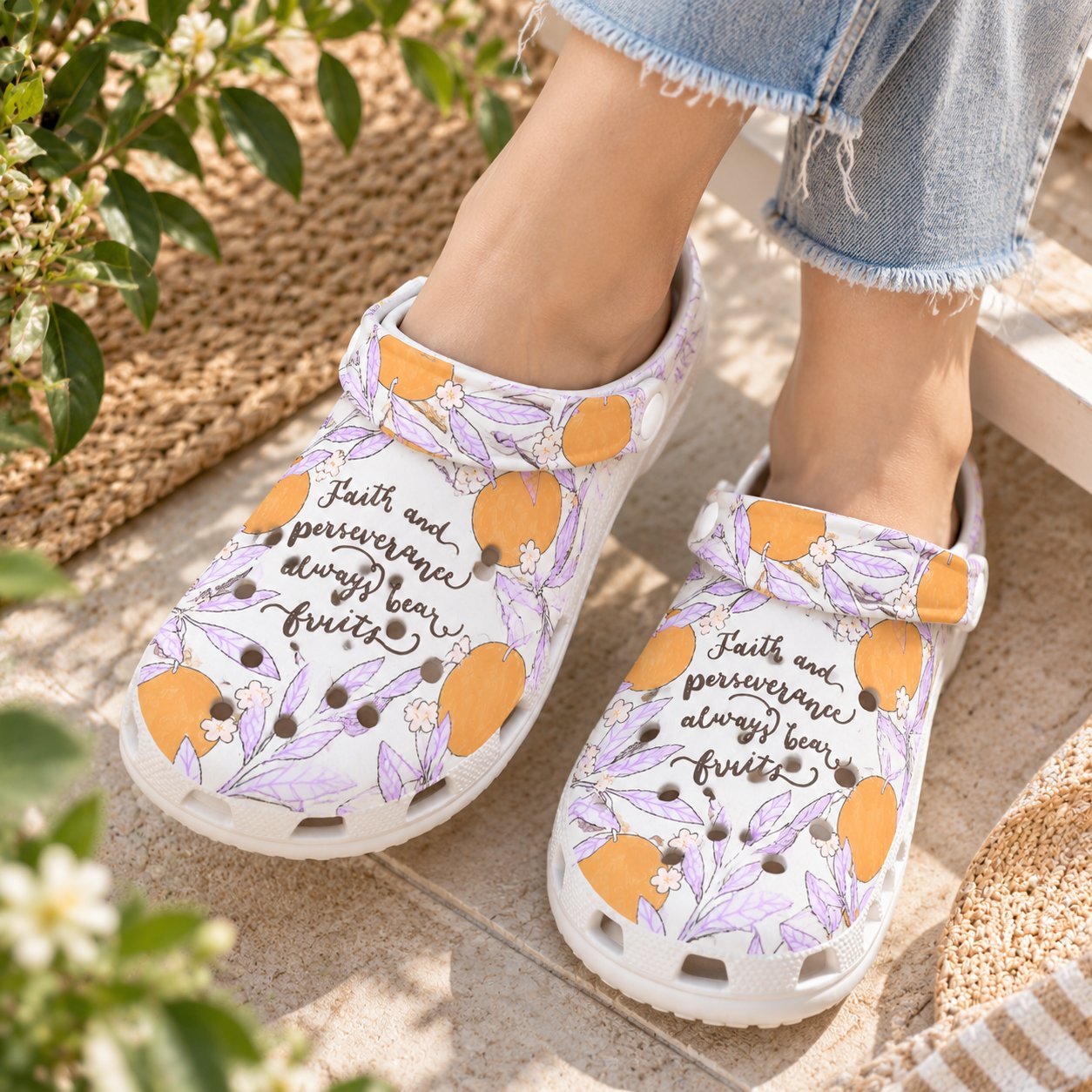 Faith And Perseverance Christian Clog Shoes, Orange Floral Faith Slip On Clogs, Christian Gift, Kid Adult Comfort Clogs Shoes CLOGS44