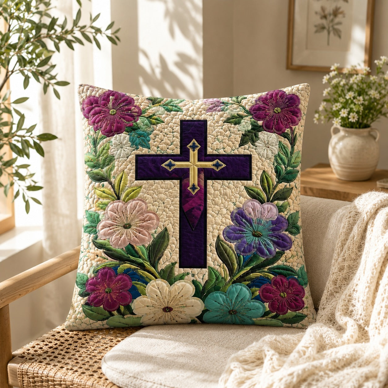 Floral Cross Quilted Pillow Case, Christian Faith Pillow Cover, Purple Flower Religious Home Decor, Cross Gift for Women QPILLOW20