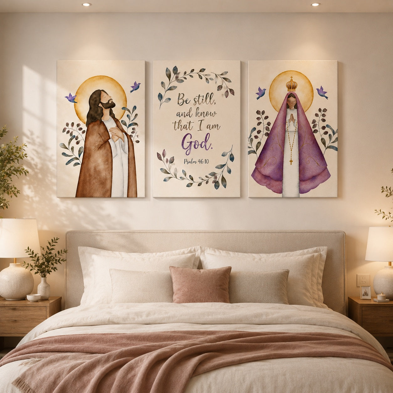 Watercolor Jesus and Our Lady Poster, Psalm 46:10 Bible Verse Print, Jesus and Virgin Mary Christian Poster, Christian Religious Artwork, Hanging Decor PTSETA19