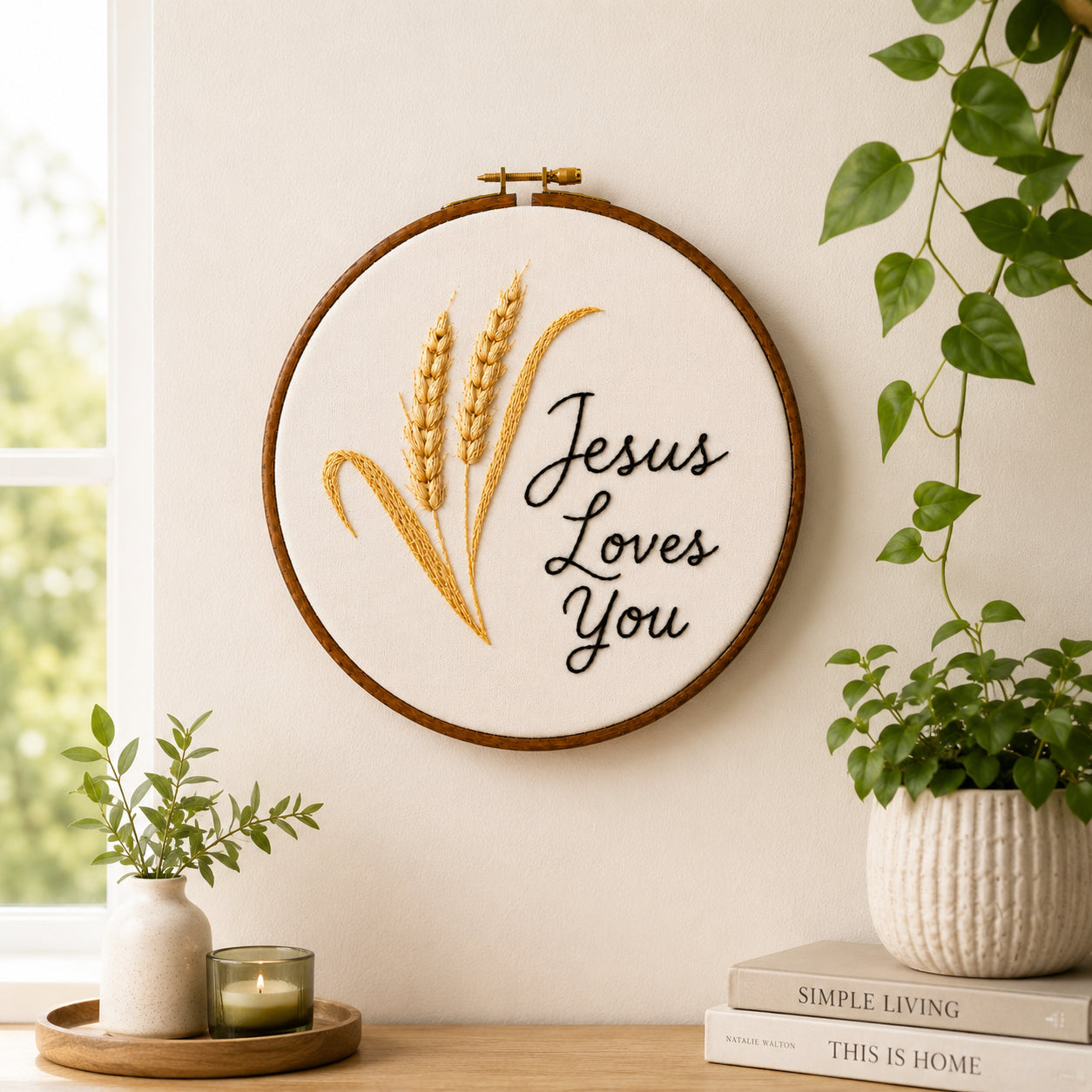 Personalized Christian Embroidery Hoop Art, Jesus Loves You Hook, Wheatear Wall Decor, Hand Embroidered Flower Wreath, Wheatear Embroidery Hoop EH01