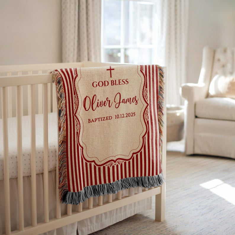 Custom Baptism Woven Blanket, Baby Christening Gift, Woven Blanket Gift for Godson or Goddaughter, Baby Baptism Gifts, Baptism Gift from Godmother WBLAF21