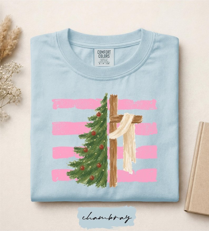 Christmas Tree Cross Shirt, Jesus Is the Reason for the Season Tee, Christmas Christian Sweater, Religious Holiday Gift, Trendy Striped Xmas CFNE21