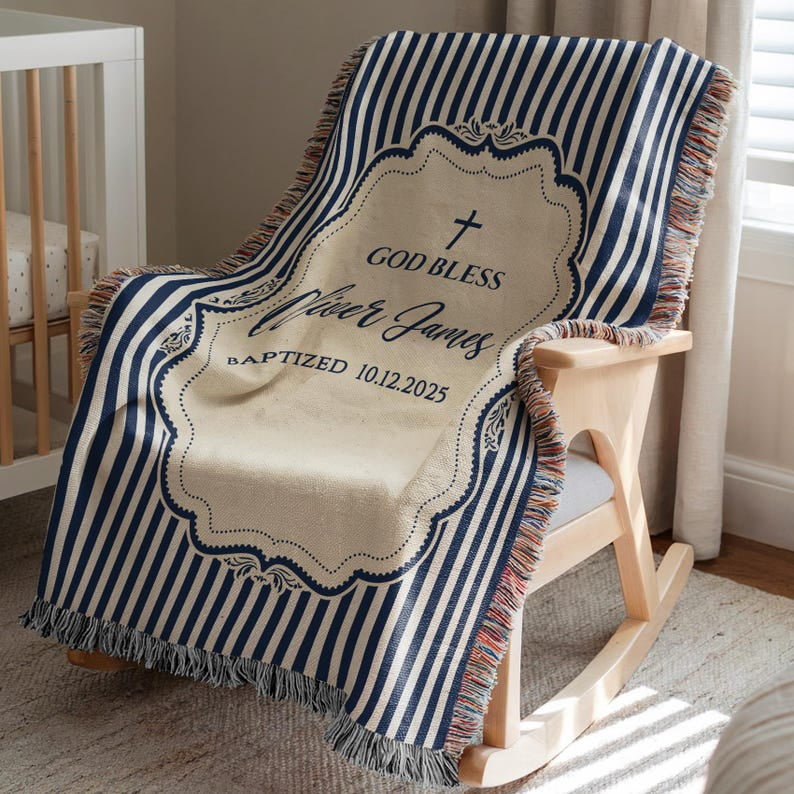 Custom Baptism Woven Blanket, Baby Christening Gift, Woven Blanket Gift for Godson or Goddaughter, Baby Baptism Gifts, Baptism Gift from Godmother WBLAF21