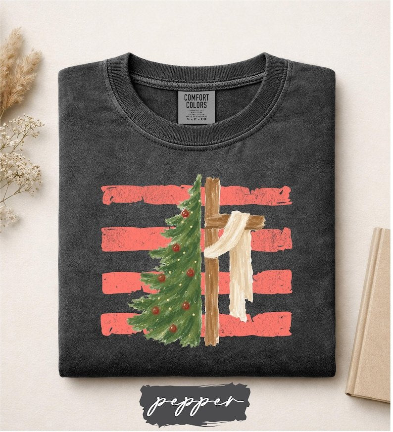 Christmas Tree Cross Shirt, Jesus Is the Reason for the Season Tee, Christmas Christian Sweater, Religious Holiday Gift, Trendy Striped Xmas CFNE21