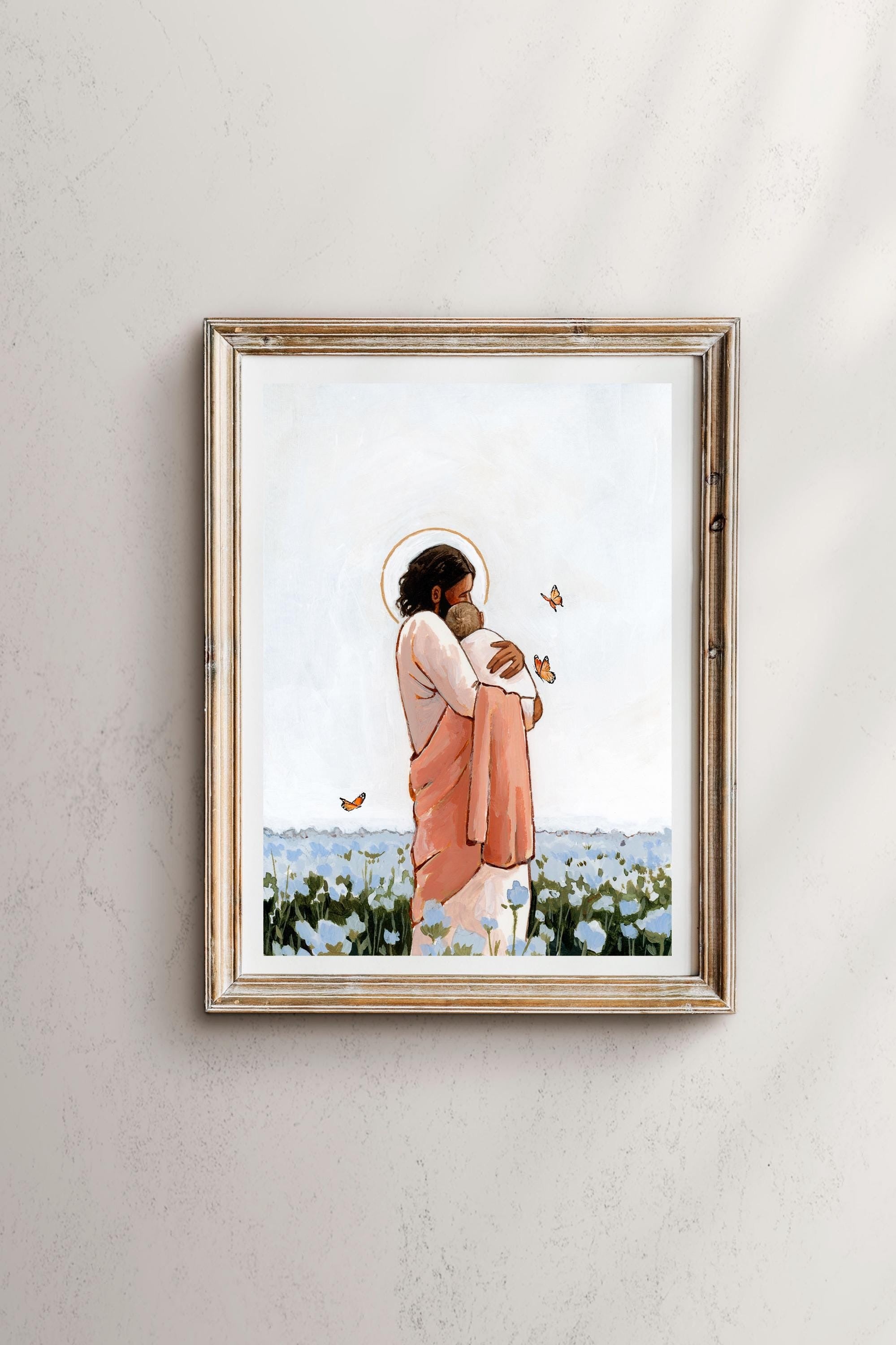 Among The Forget Me Nots Poster, Jesus Holding Angel Baby Print Art, Childloss Art, Miscarriage Art, Pregnancy & Infant Loss Artwork, Jesus With Baby