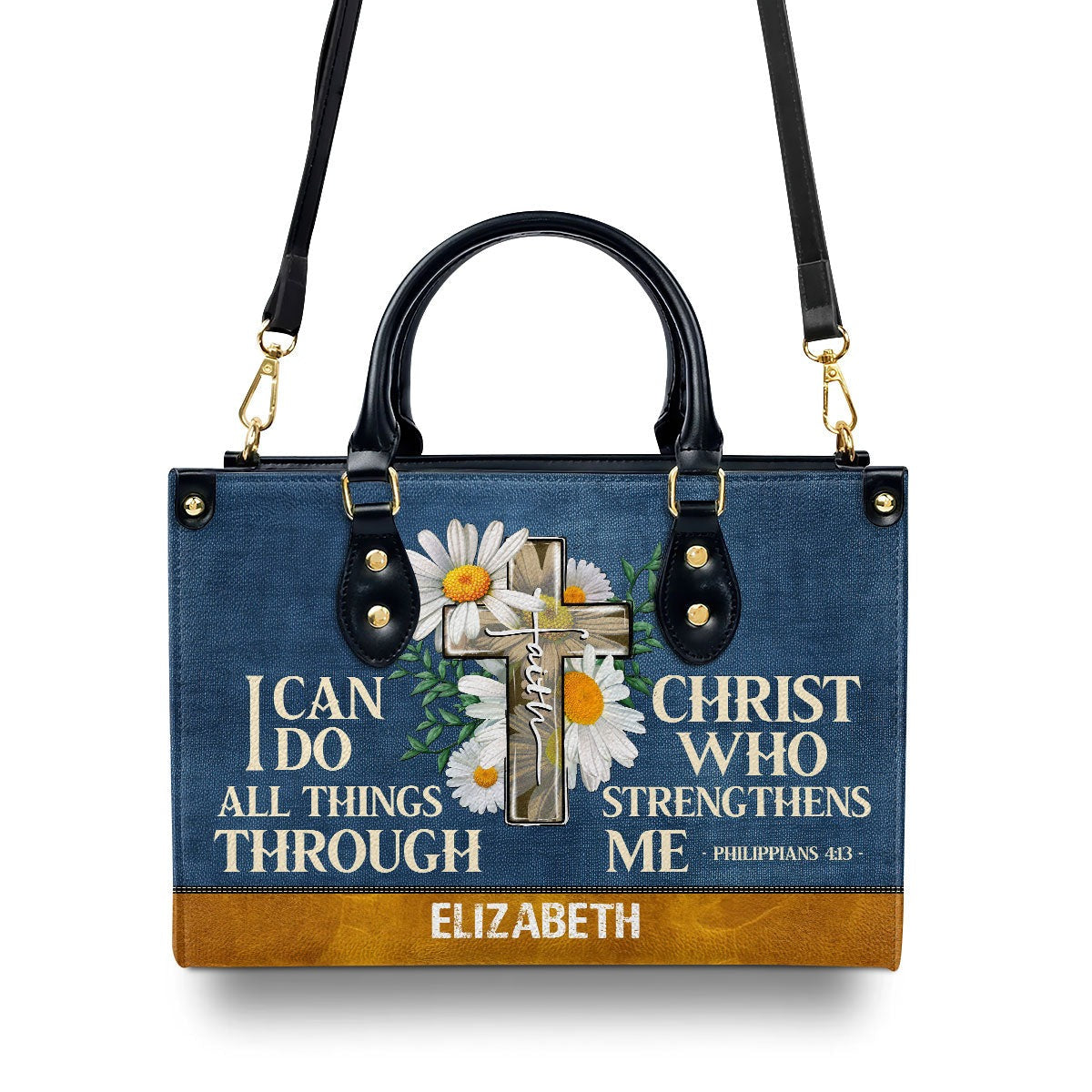 Personalized Christian Leather Handbag, I Can Do All Things Through Christ Philippians 4:13 Purse with Cross & Daisies, Gift for Women BLAF34