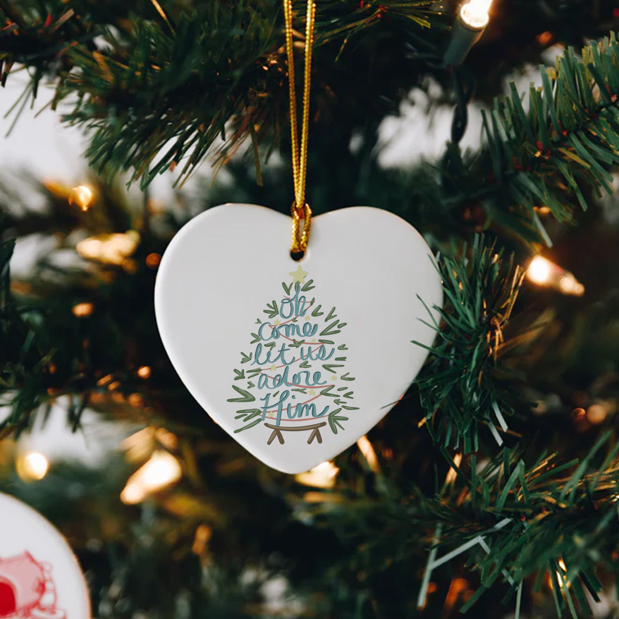 Oh Come Let Us Adore Him Christmas Ornament, Christmas Tree Nativity Design, Christian Holiday Decoration, Religious Xmas Tree Decor DCLAF46